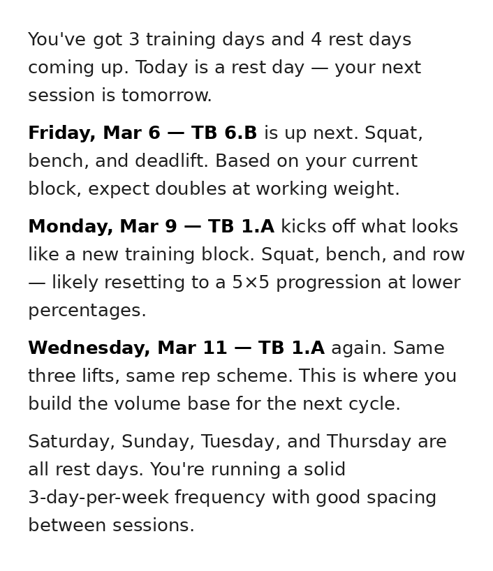 ChatGPT response: upcoming LiftTrack workout schedule