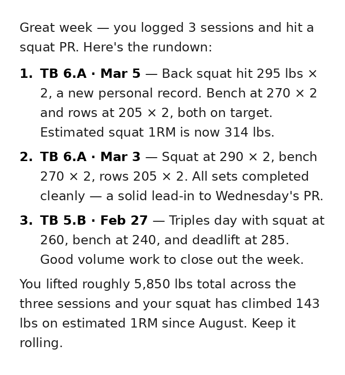 ChatGPT response: weekly LiftTrack training recap