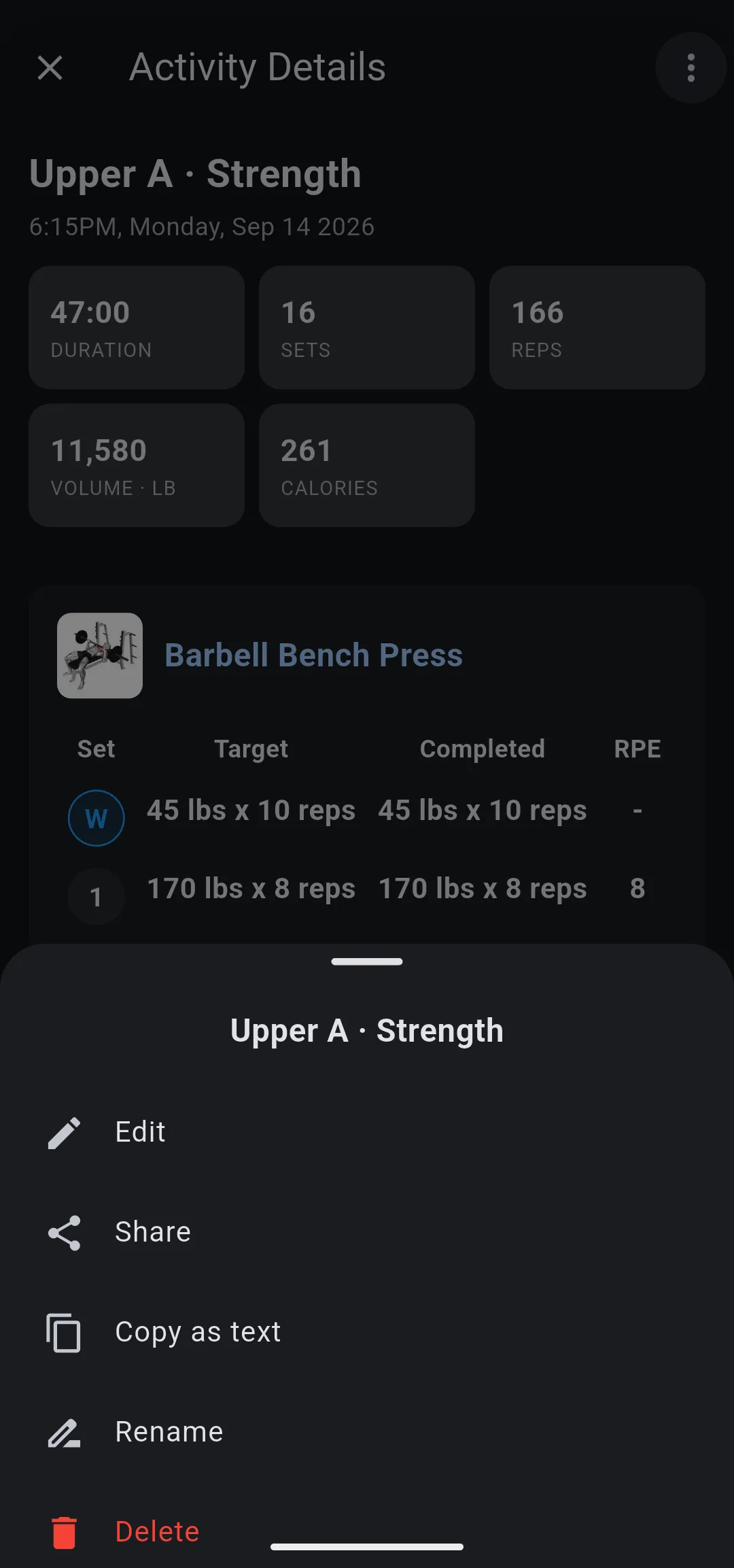 Options sheet for Upper A · Strength with Edit, Share, Copy as text, Rename and Delete