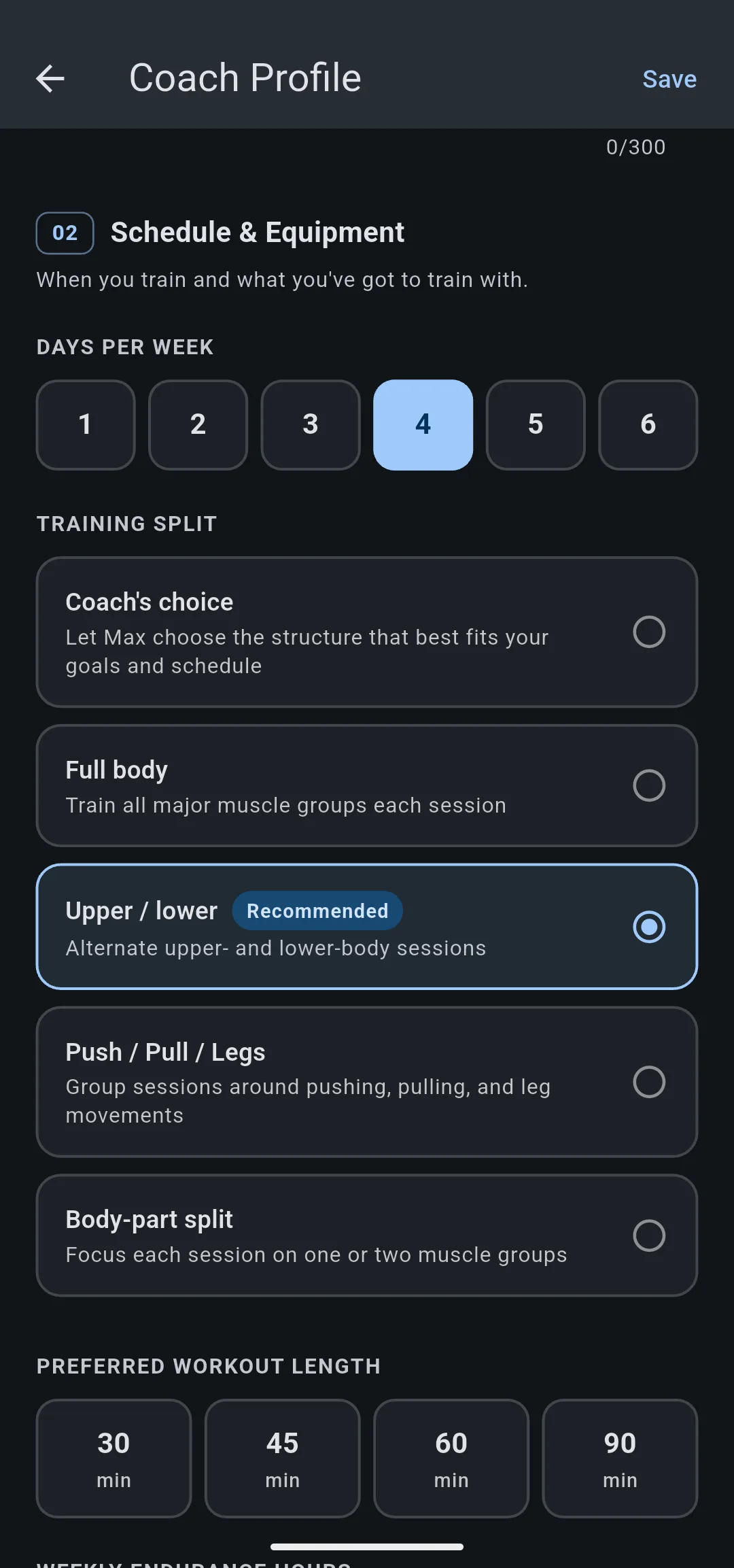 Coach Profile Schedule & Equipment section with 4 days per week and Upper / lower chosen, marked Recommended, above Preferred workout length