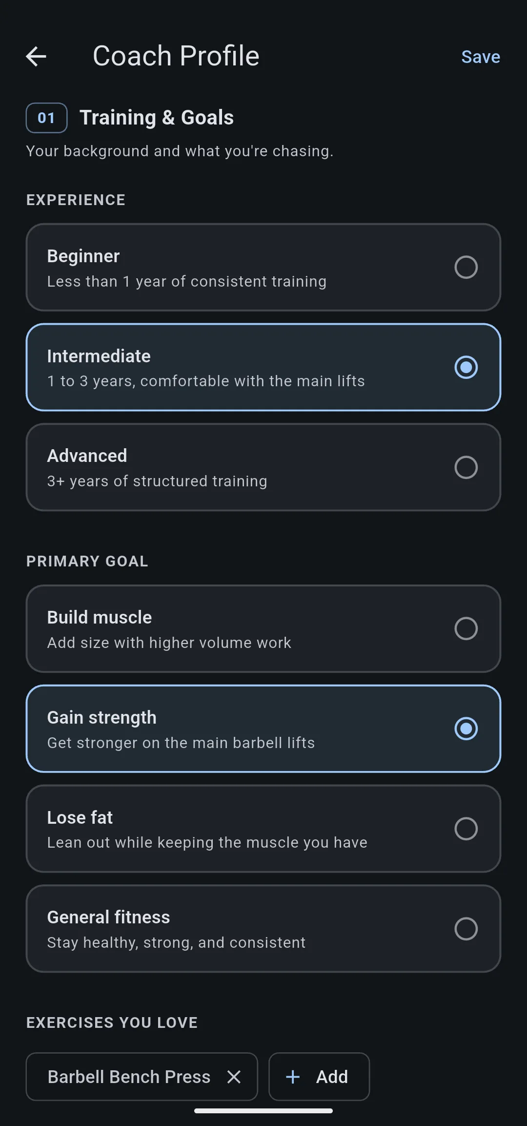 Coach Profile screen with Intermediate experience and the Gain strength goal chosen