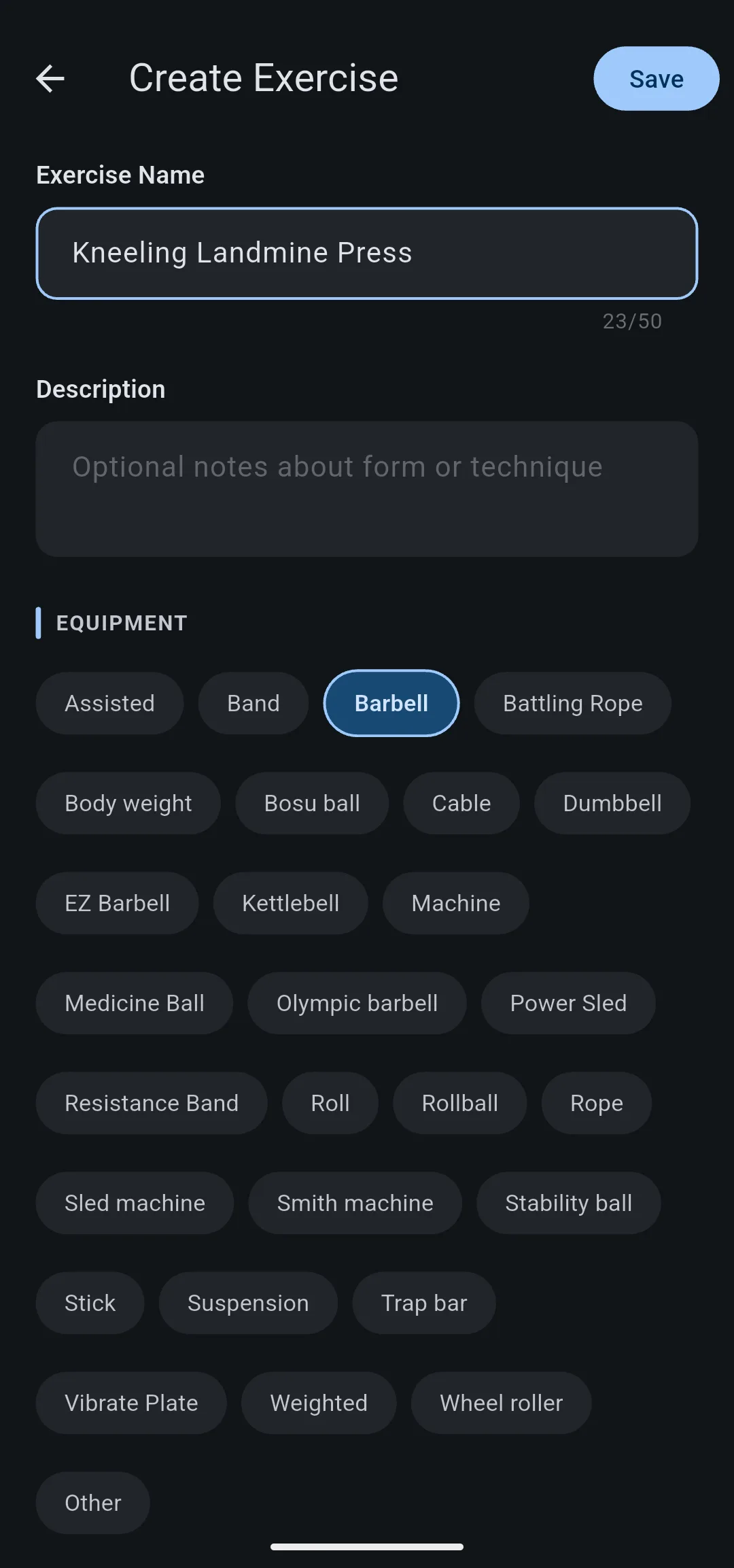 Create Exercise screen with Exercise Name Kneeling Landmine Press, an empty Description and Barbell chosen under Equipment