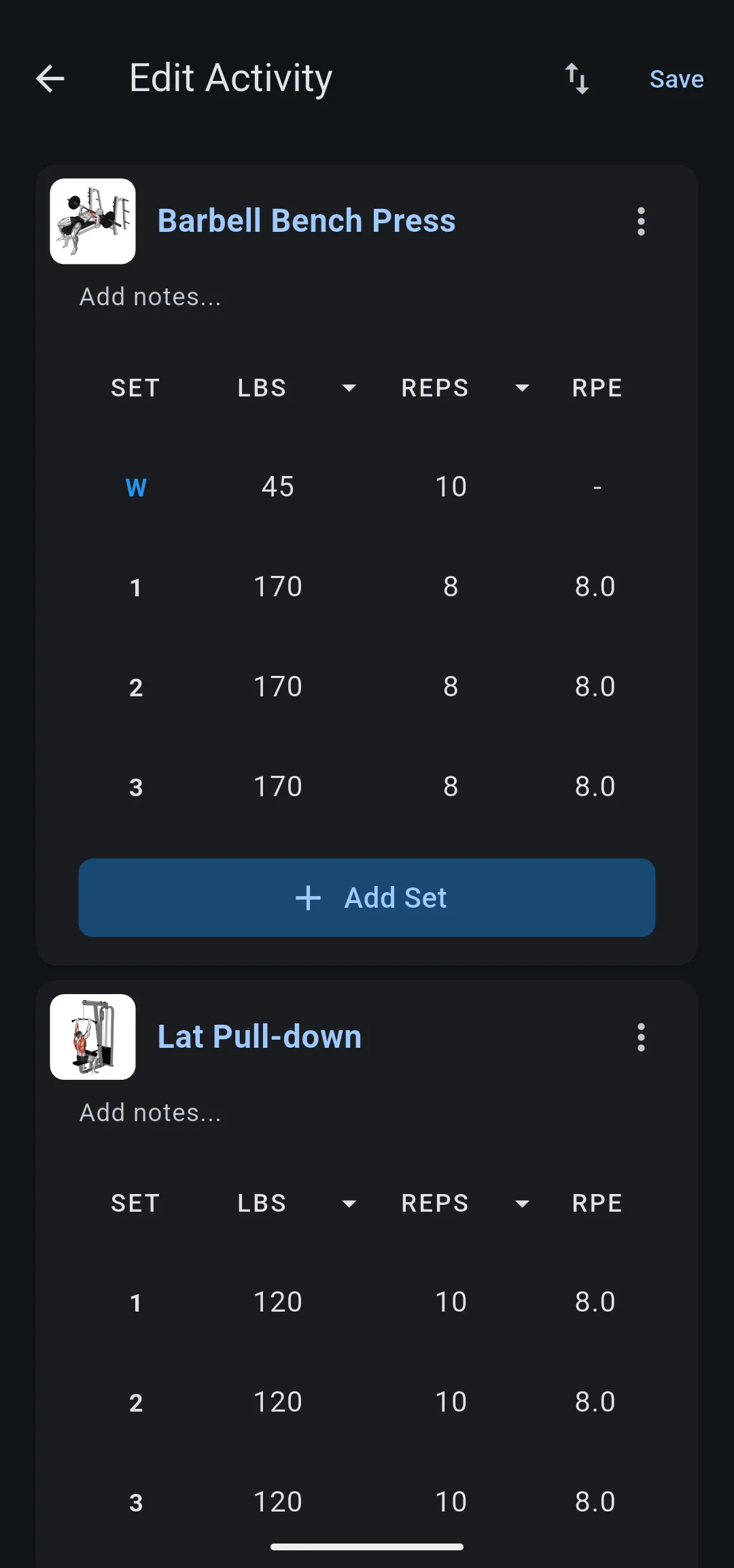 Edit Activity with Barbell Bench Press, one warmup set of 45 lb and three sets of 170 lb for 8 reps at RPE 8, and Add Set