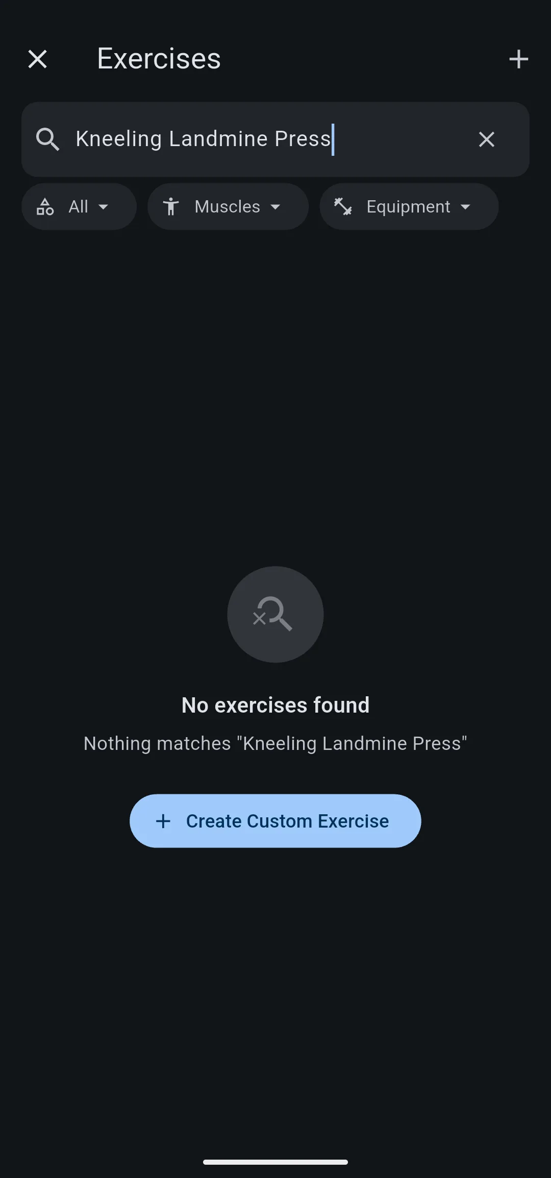 Exercises screen searching Kneeling Landmine Press, showing No exercises found and Create Custom Exercise