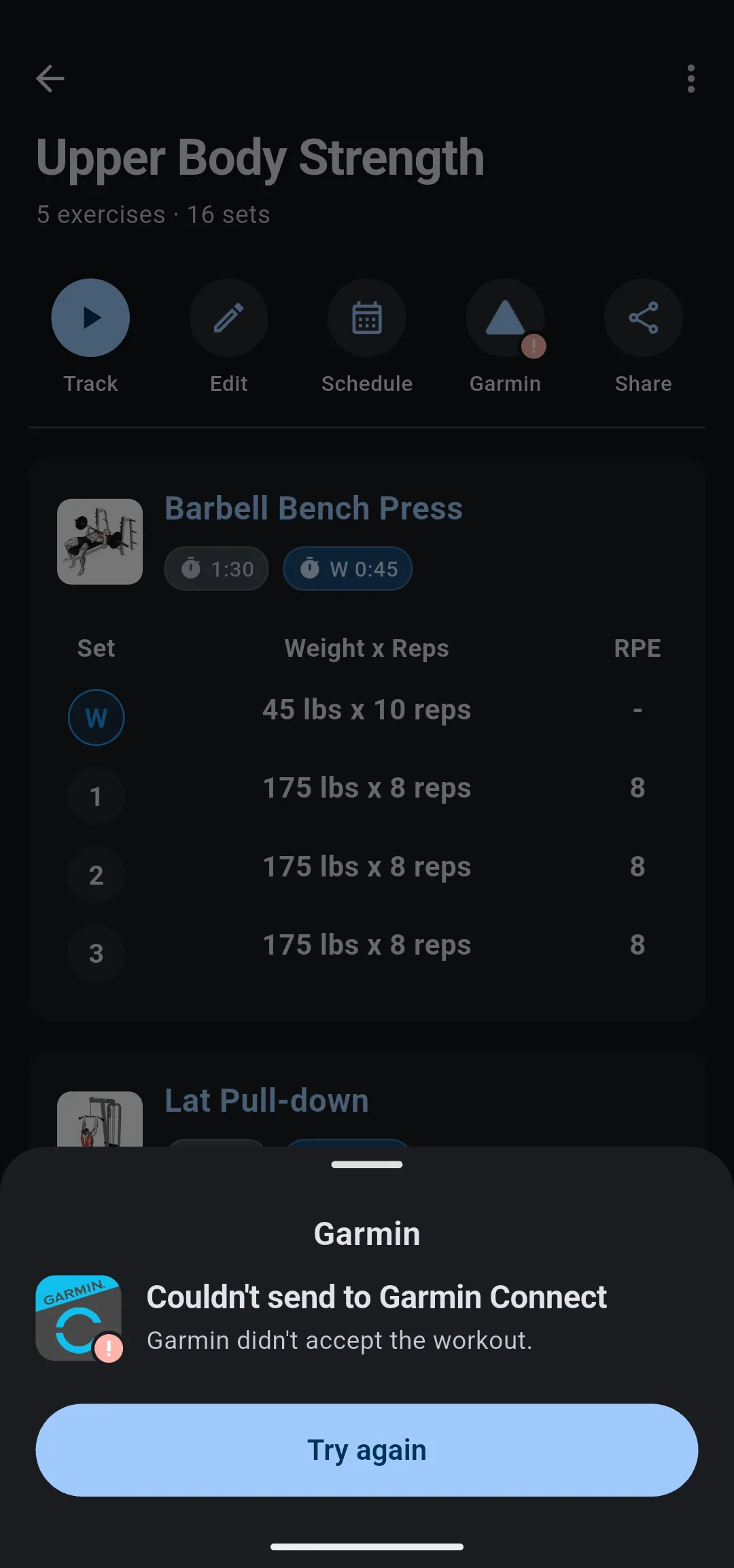 Garmin sheet reading Couldn't send to Garmin Connect, Garmin didn't accept the workout, with a Try again button