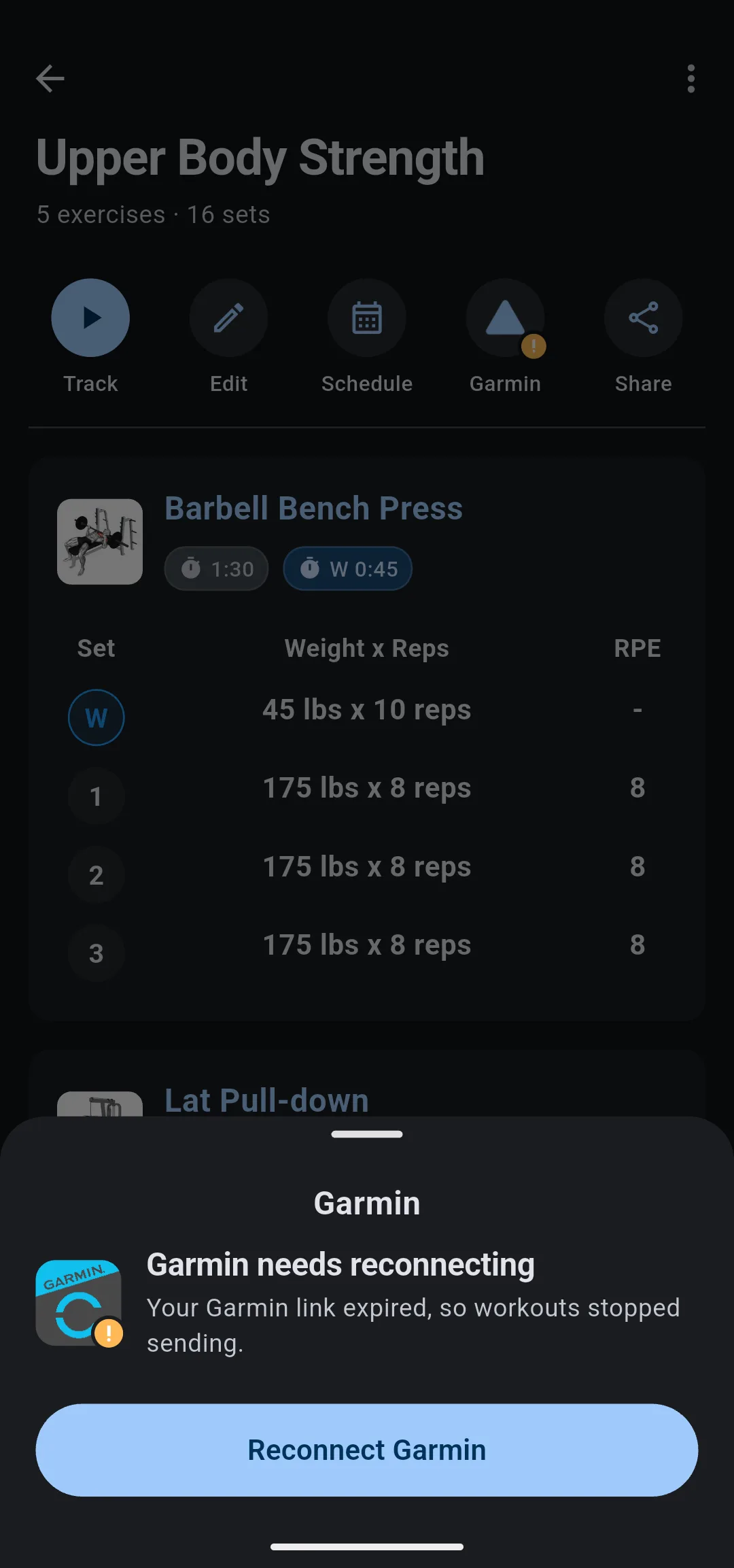 Garmin sheet reading Garmin needs reconnecting, Your Garmin link expired, so workouts stopped sending, with a Reconnect Garmin button