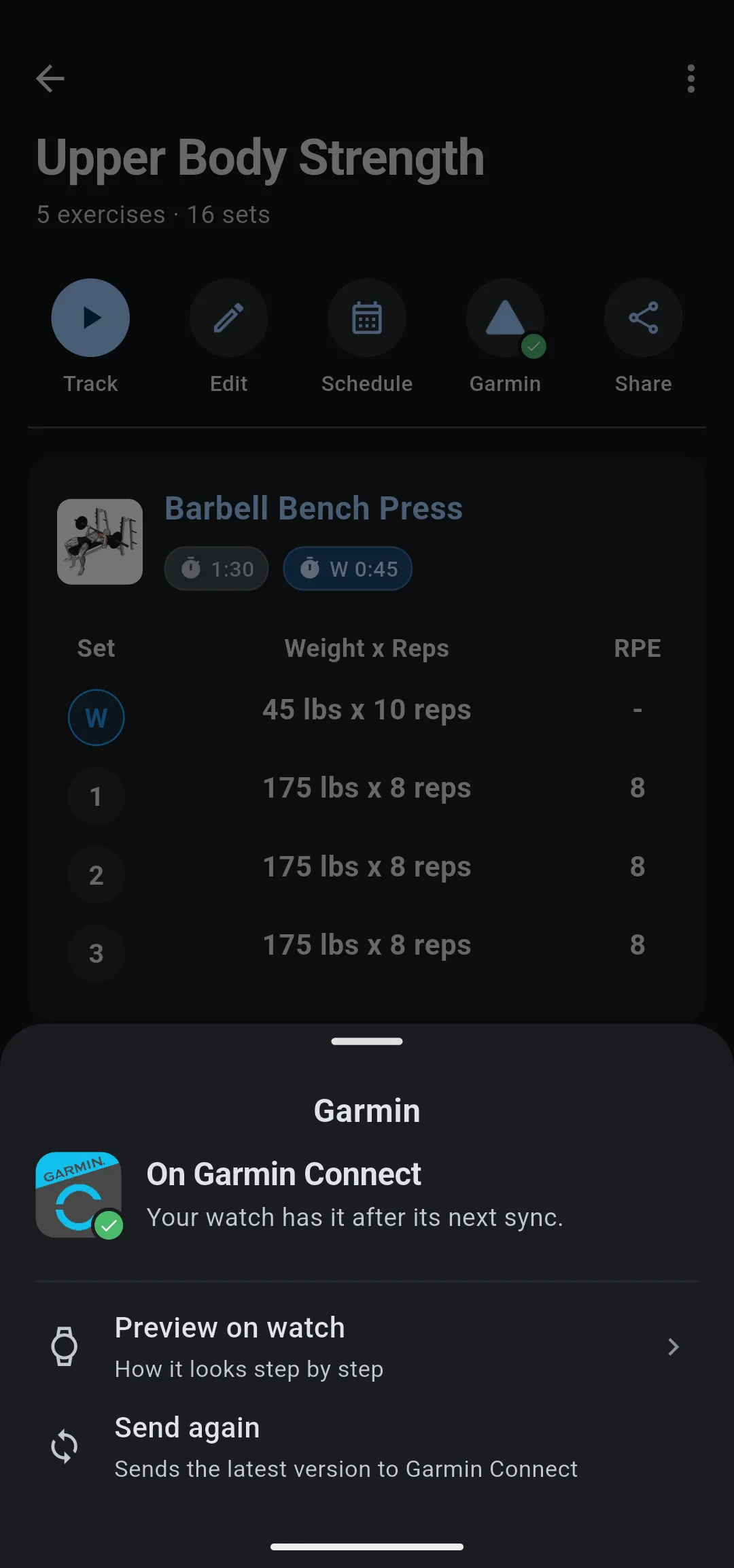 Garmin sheet reading On Garmin Connect, with Preview on watch and Send again