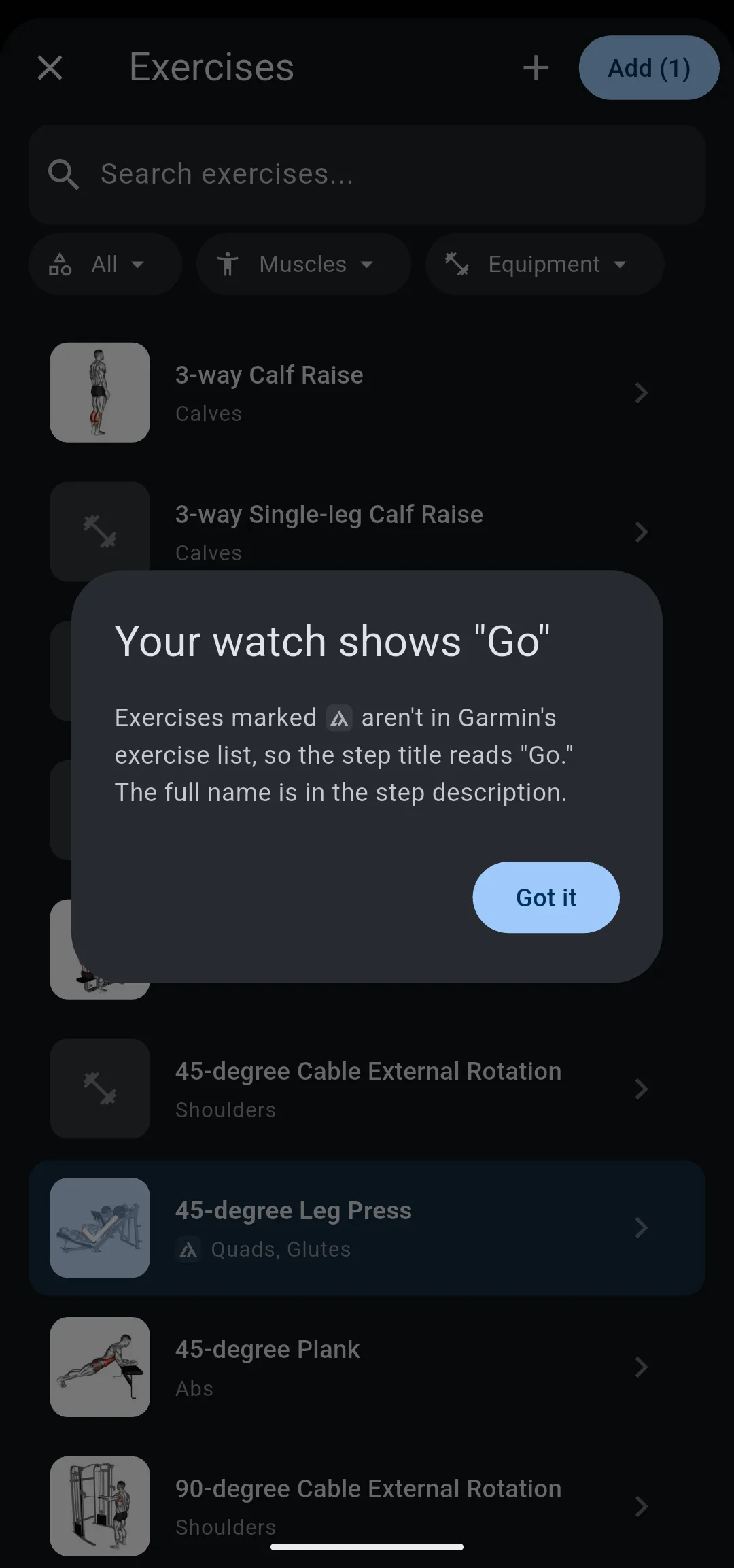 Dialog titled Your watch shows Go, saying exercises marked with the LiftTrack marker aren't in Garmin's exercise list