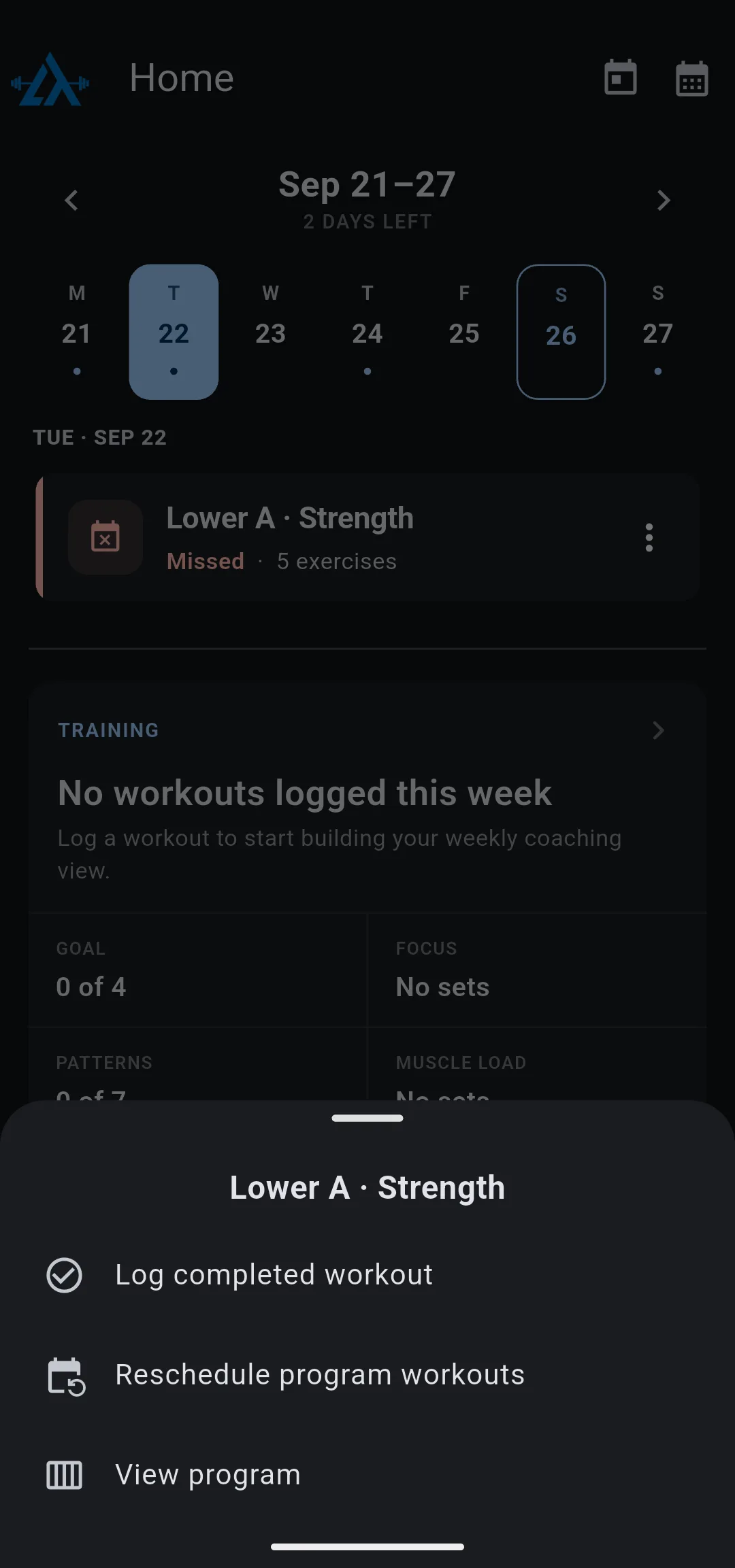 Options sheet for Lower A · Strength over the Home tab, listing Log completed workout, Reschedule program workouts and View program