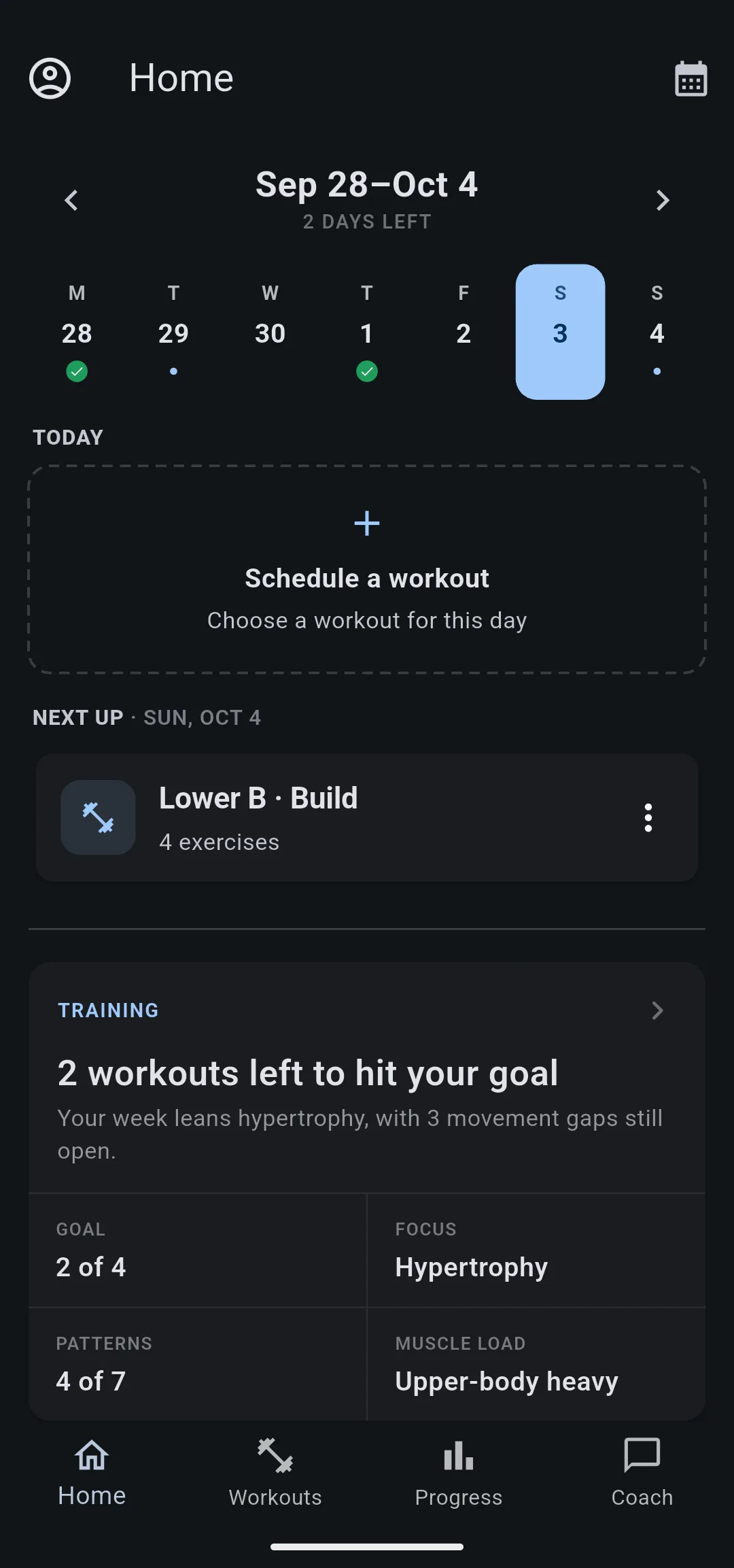 Home tab with the week strip, a Schedule a workout card for today, and the calendar icon in the app bar