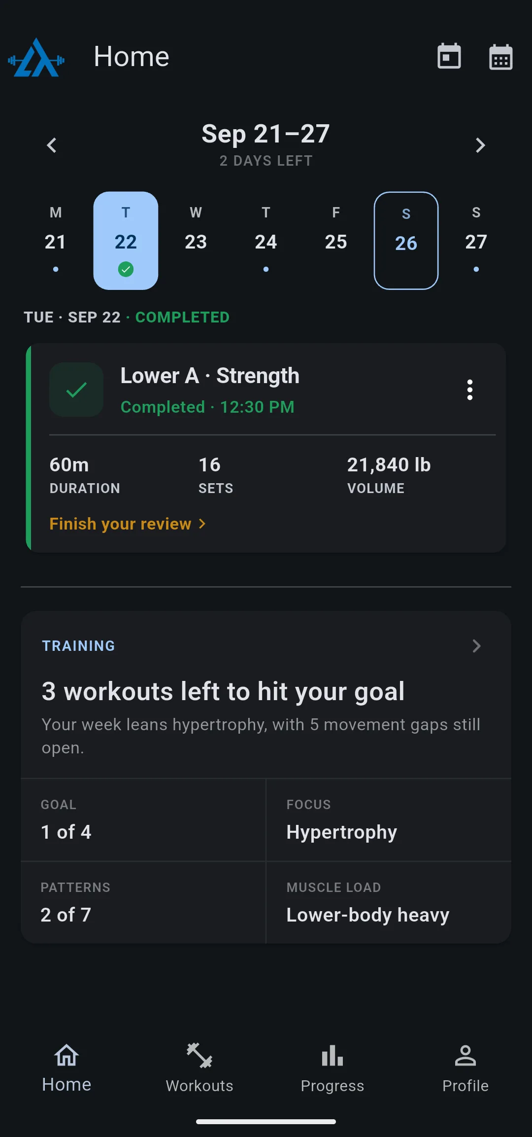 Home tab on Tuesday Sep 22 marked Completed, with the Lower A · Strength card showing 60m, 16 sets and 21,840 lb