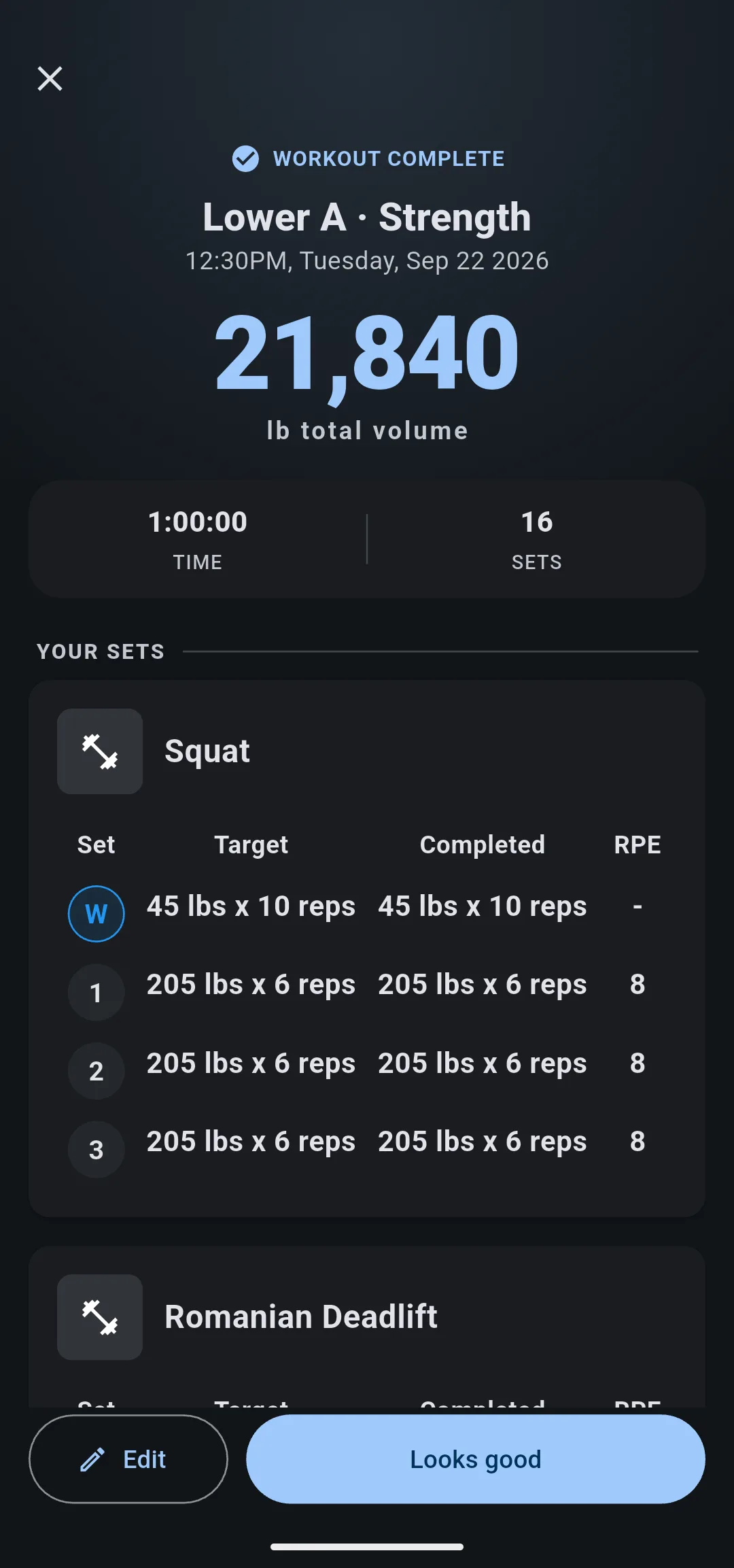 Workout Complete for Lower A · Strength on Tuesday Sep 22, 1:00:00 and 16 sets, with Squat sets whose Completed values match Target