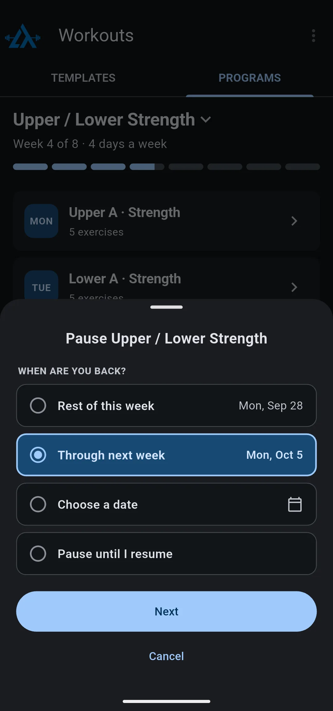 Pause sheet with Rest of this week, Through next week (chosen, Mon, Oct 5), Choose a date and Pause until I resume