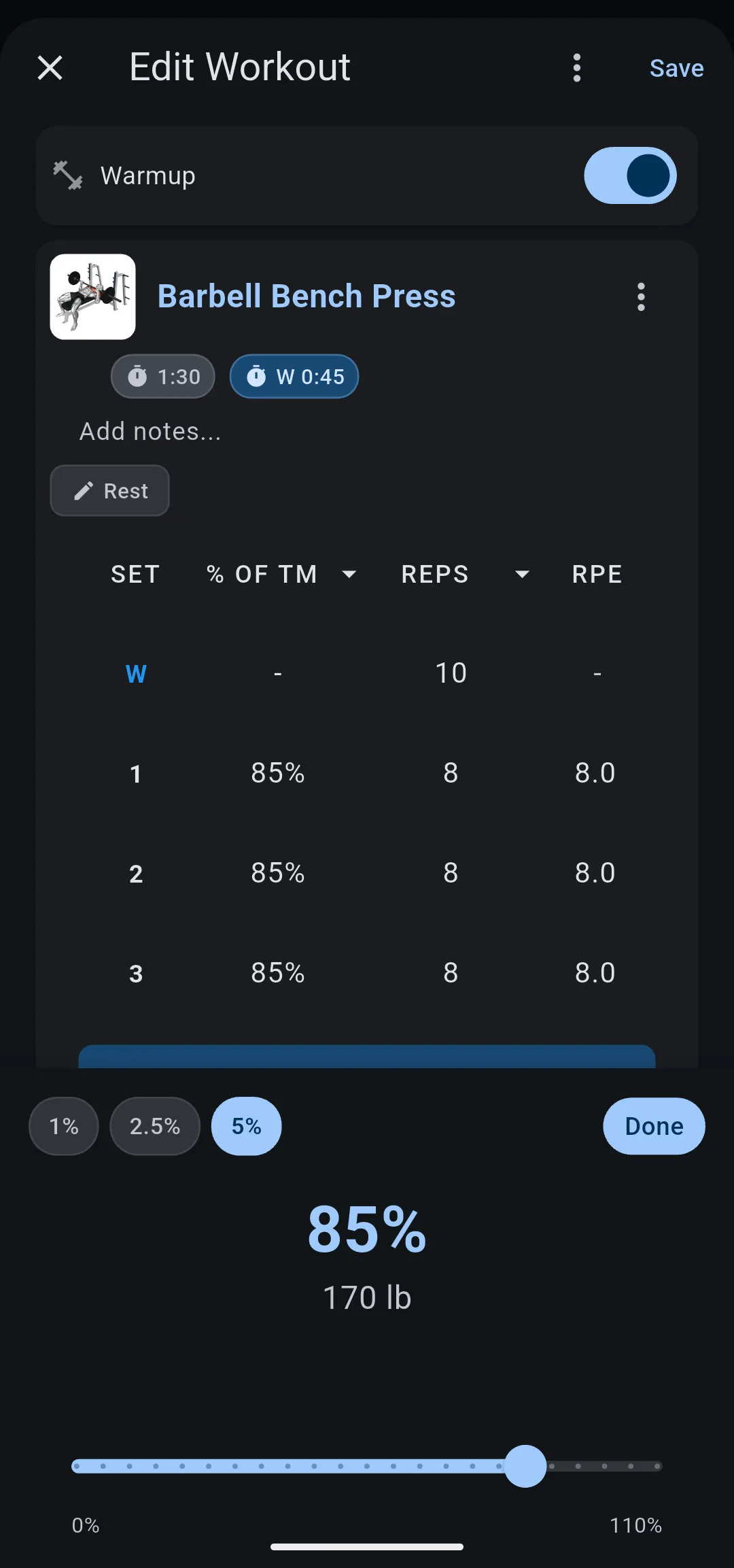 Barbell Bench Press on the Edit Workout screen in % of TM, three working sets at 85%, and the picker showing 85% and 170 lb with steps of 1%, 2.5% and 5%