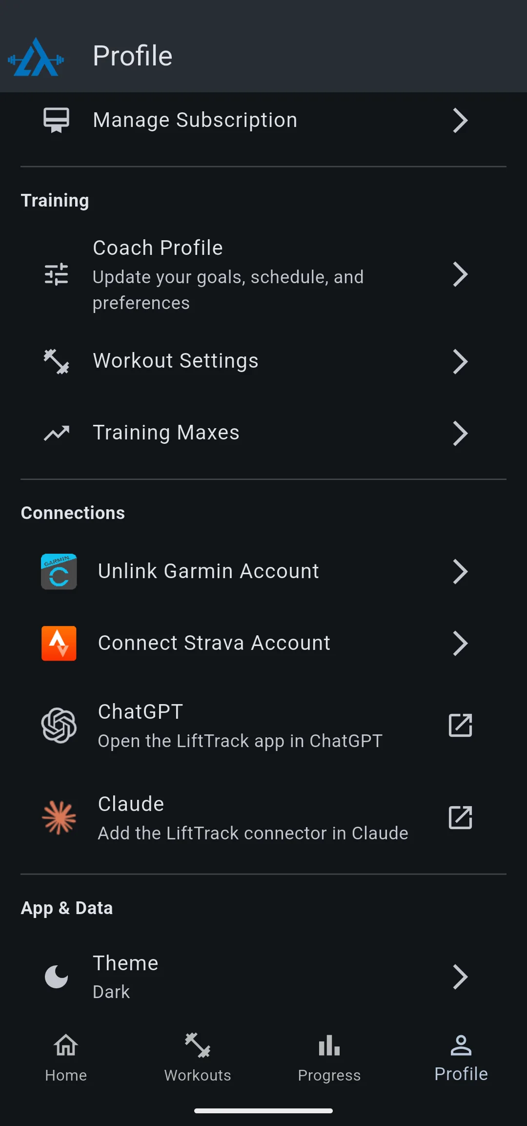 Profile tab Connections section with Unlink Garmin Account, Connect Strava Account, ChatGPT and Claude