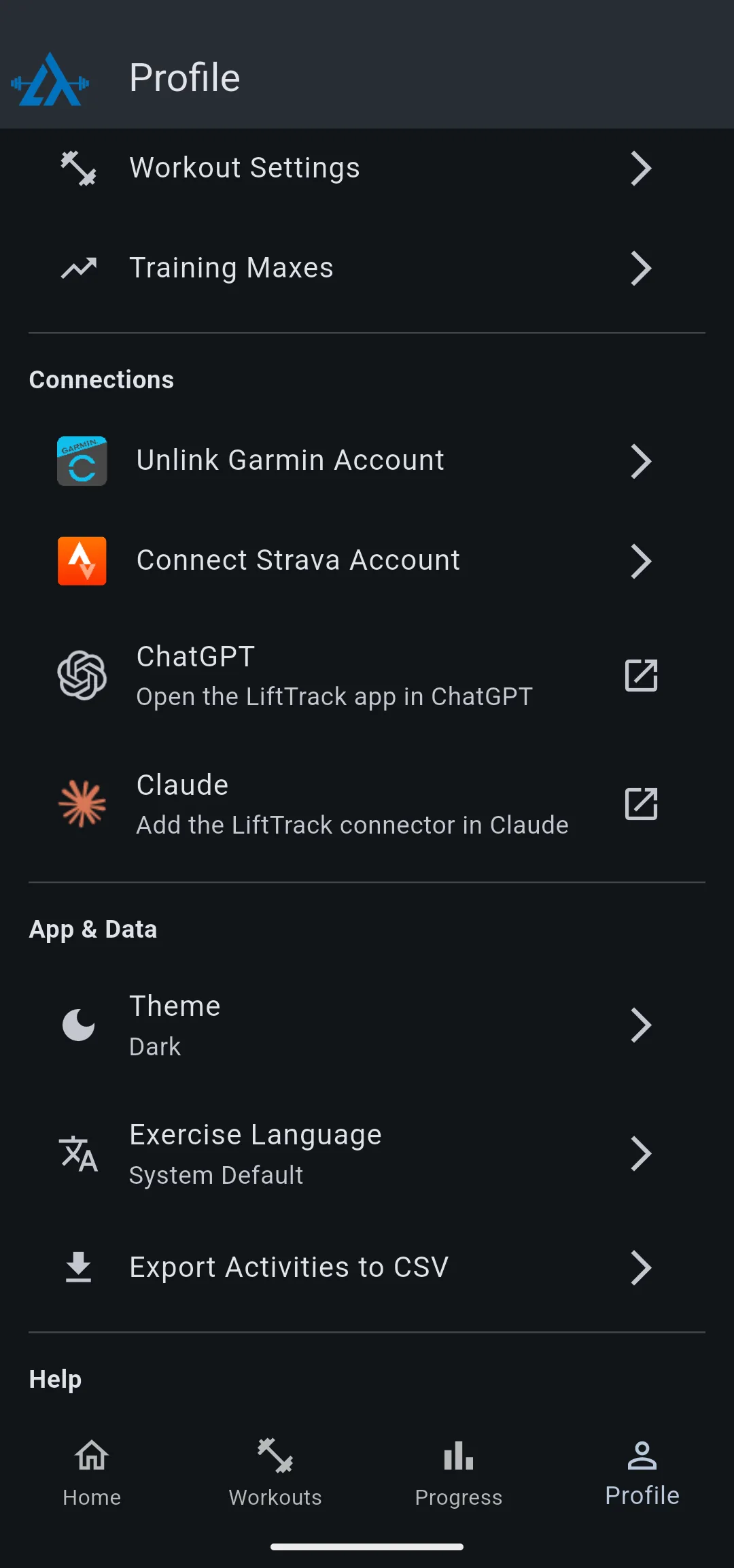 Profile tab App & Data section with Theme, Exercise Language and Export Activities to CSV