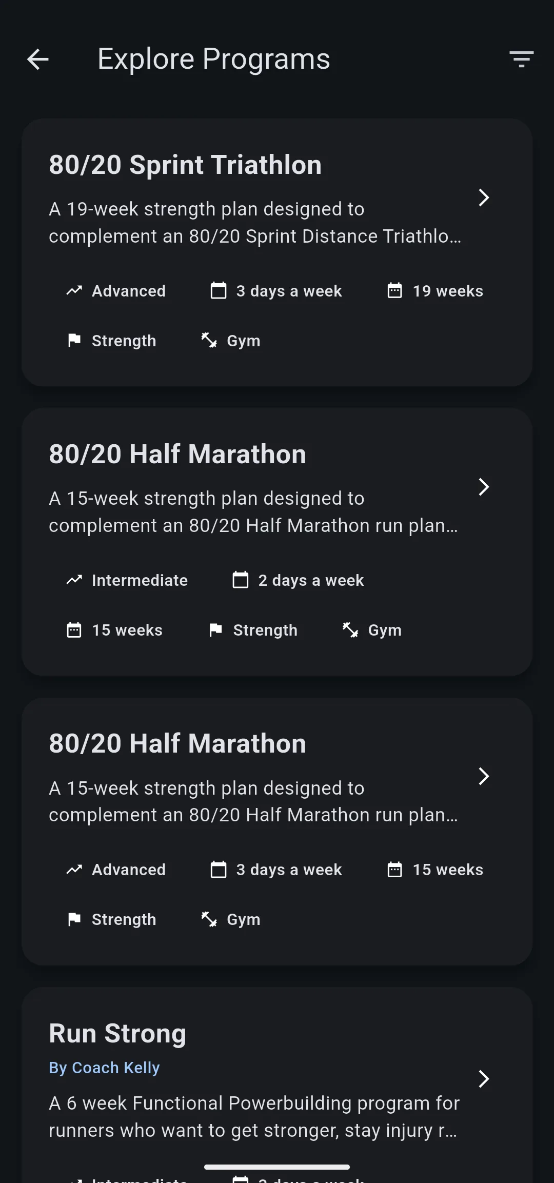 Explore Programs listing 80/20 Sprint Triathlon and 80/20 Half Marathon, each with level, days a week, weeks, goal and equipment