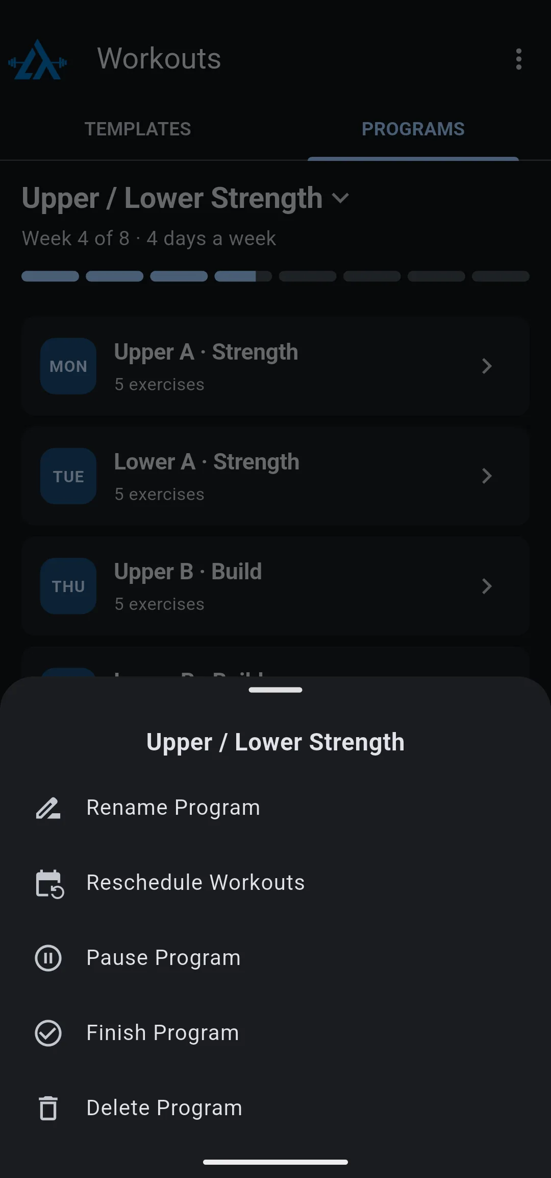 Options sheet for Upper / Lower Strength listing Rename Program, Reschedule Workouts, Pause Program, Finish Program and Delete Program