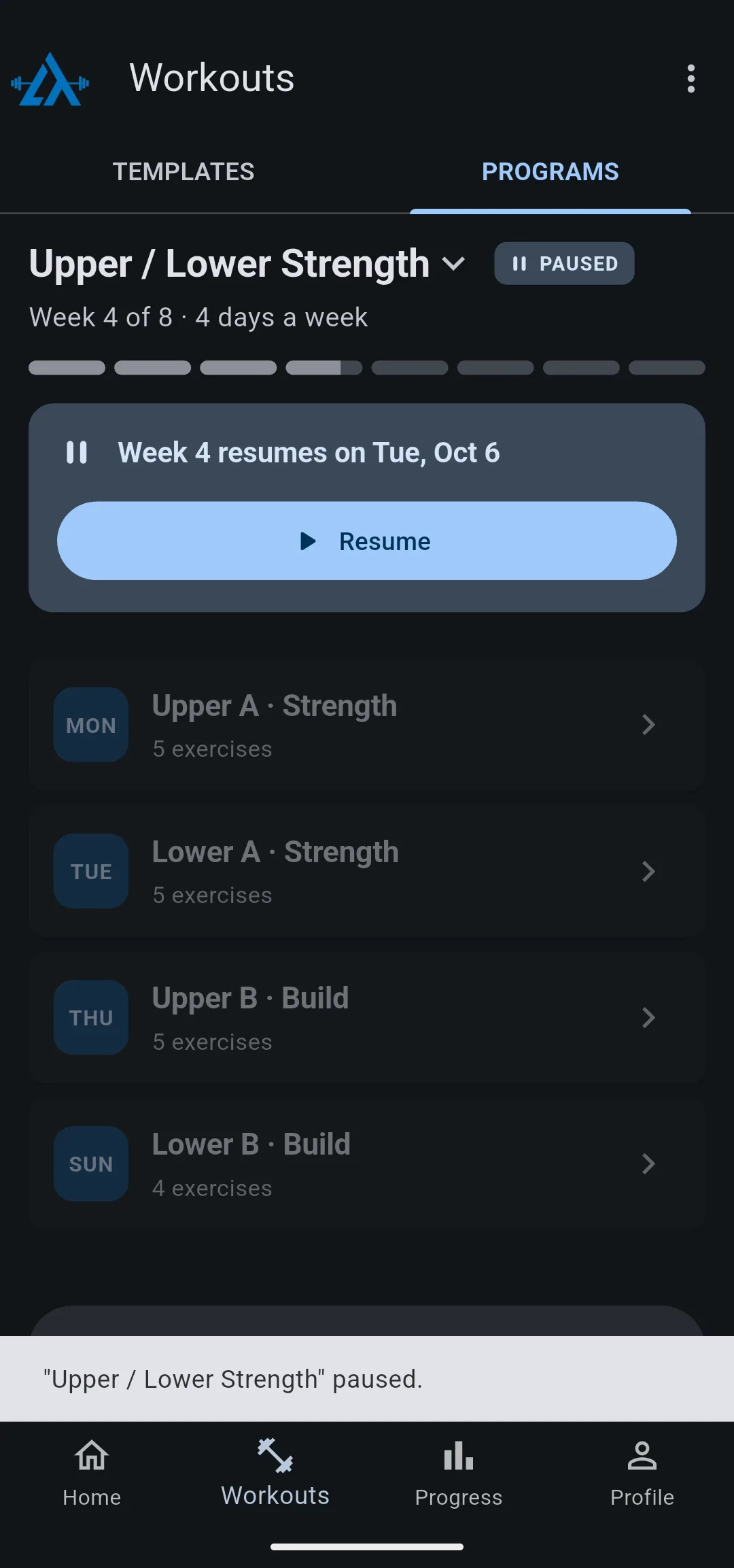 Paused program reading Week 4 resumes on Tue, Oct 6, with a Resume button above the greyed workouts
