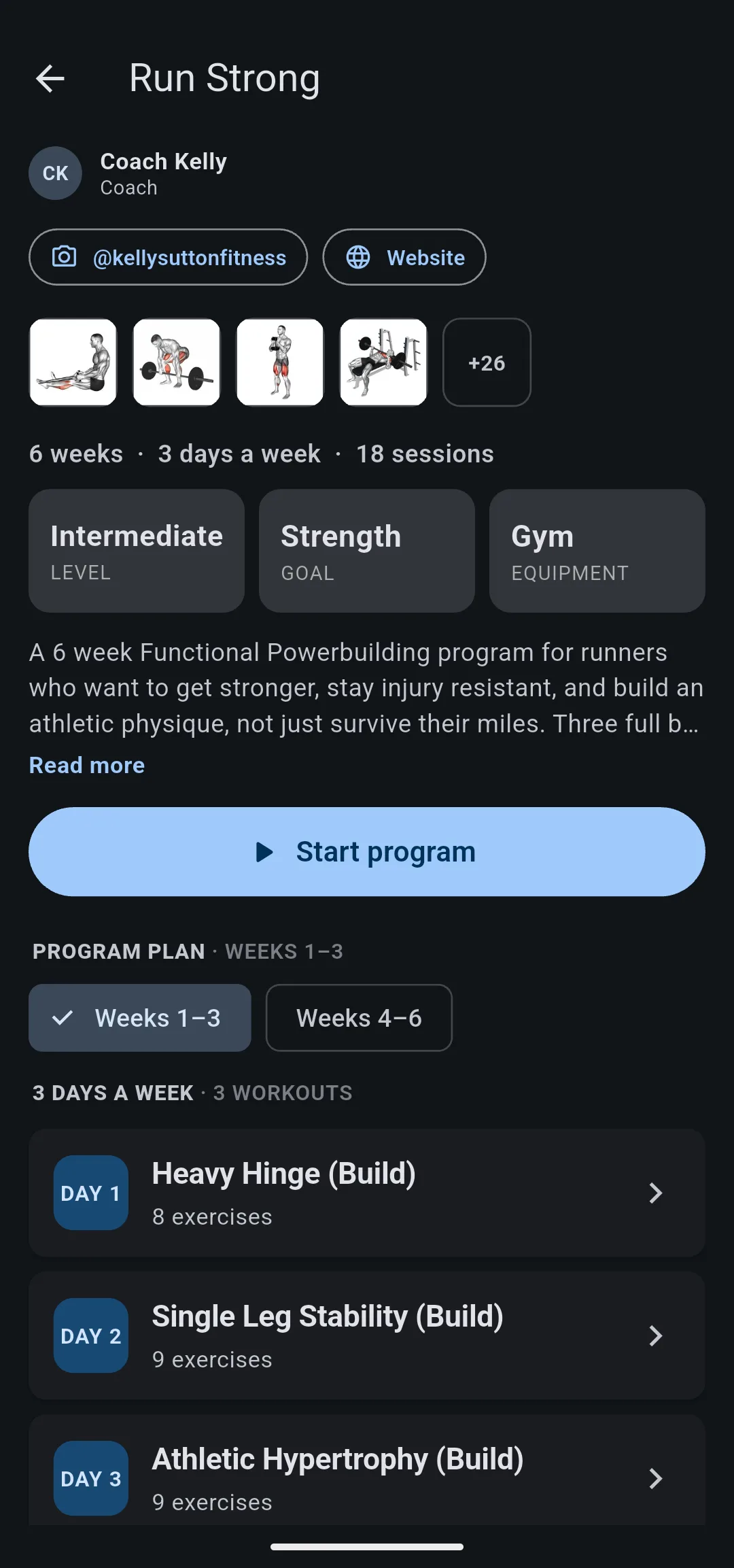 Run Strong preview reading 6 weeks, 3 days a week, 18 sessions, with Start program above the program plan
