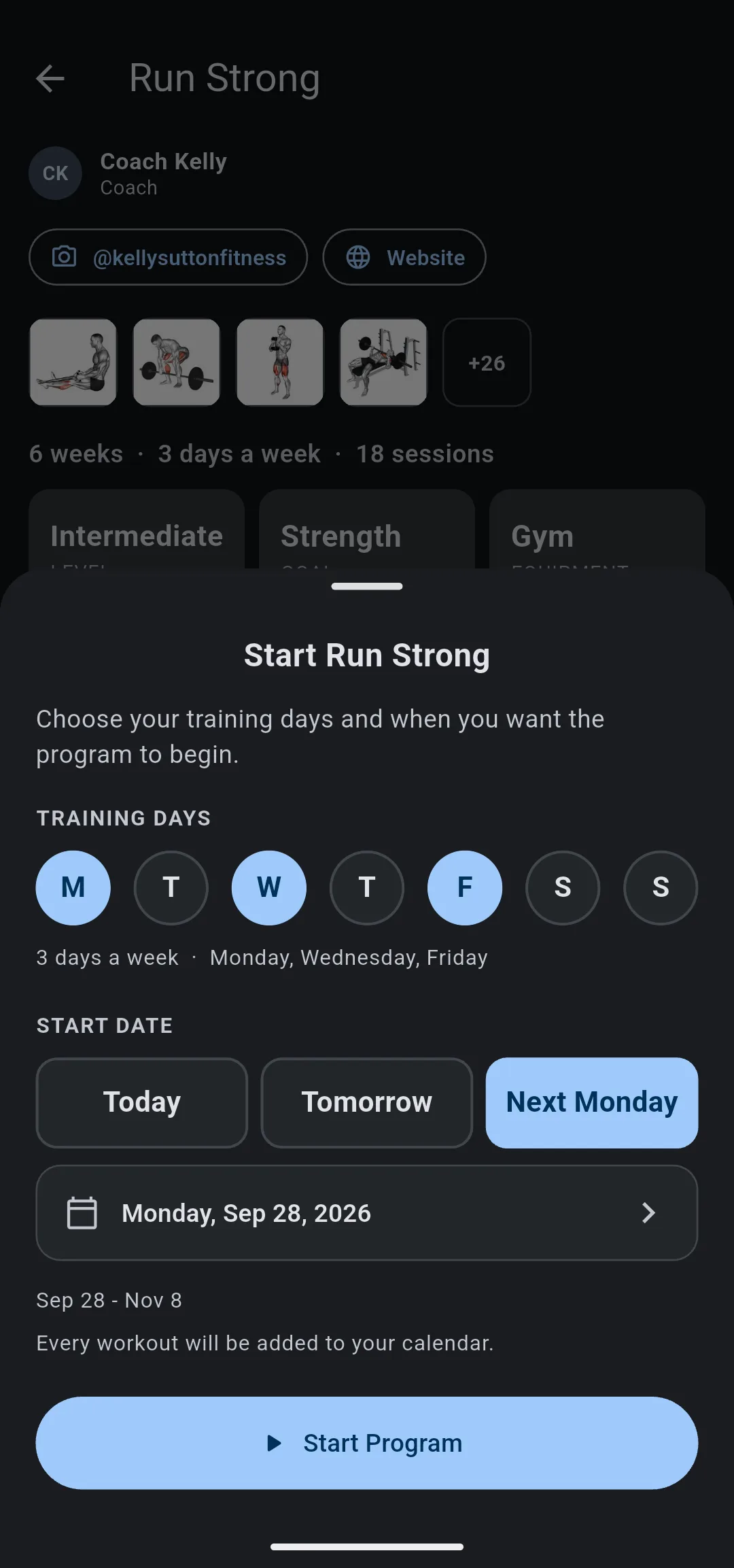 Start Run Strong sheet with Monday, Wednesday and Friday chosen, Next Monday as the start date and Start Program