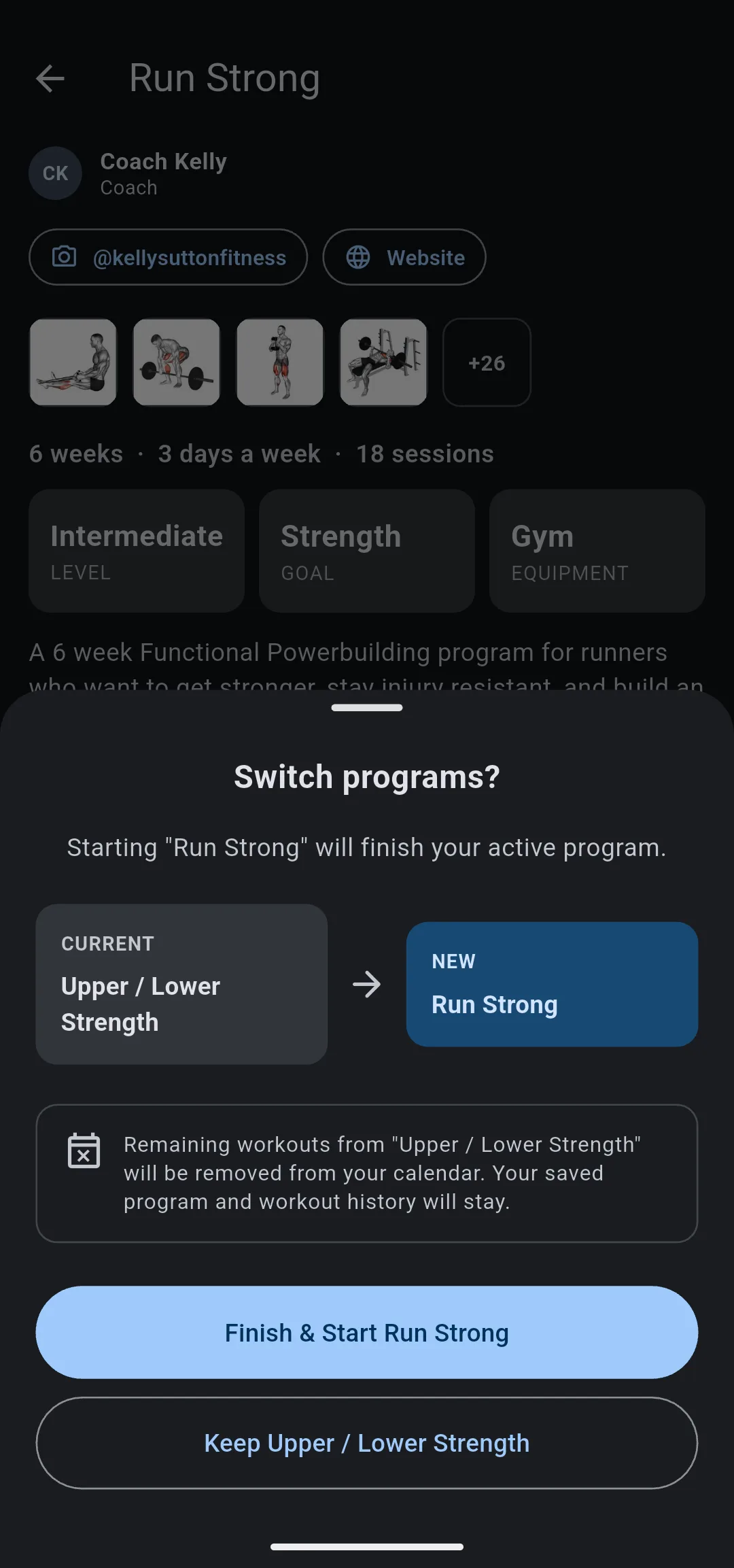 Switch programs? sheet with Upper / Lower Strength as current and Run Strong as new, above Finish & Start Run Strong and Keep Upper / Lower Strength
