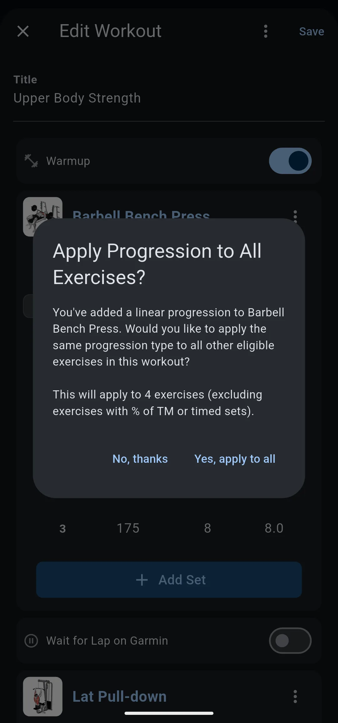 Apply Progression to All Exercises? dialog saying it will apply to 4 exercises, with No, thanks and Yes, apply to all