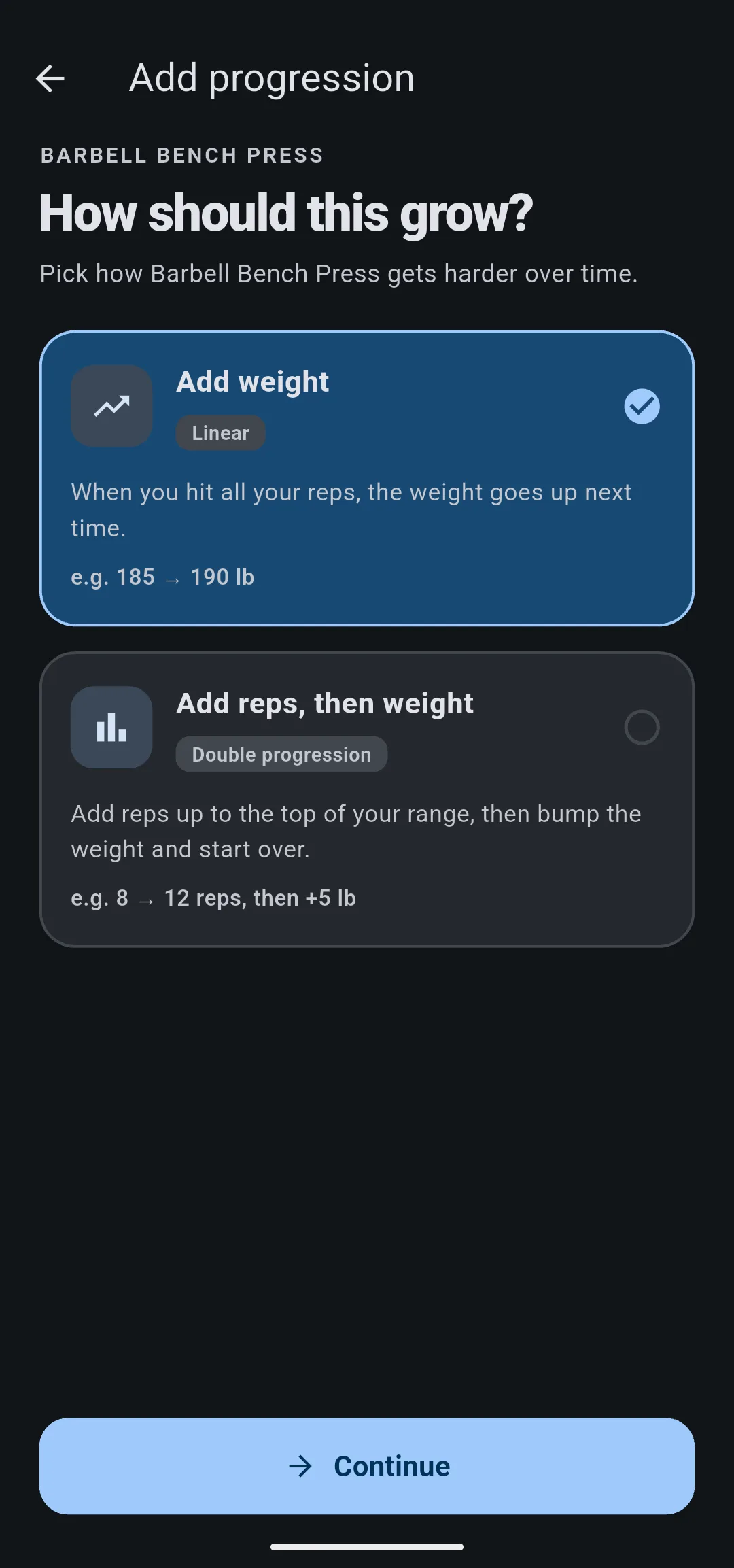 Add progression for Barbell Bench Press asking How should this grow?, with Add weight (Linear) chosen and Add reps, then weight (Double progression) below