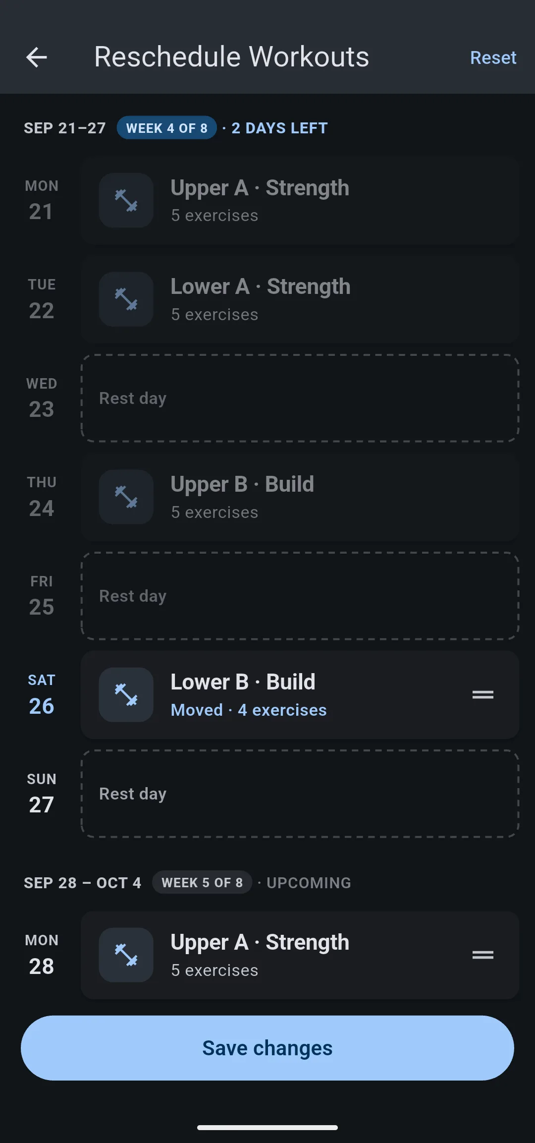 Reschedule Workouts with Lower B · Build moved to Saturday and reading Moved, Reset in the app bar and Save changes turned on