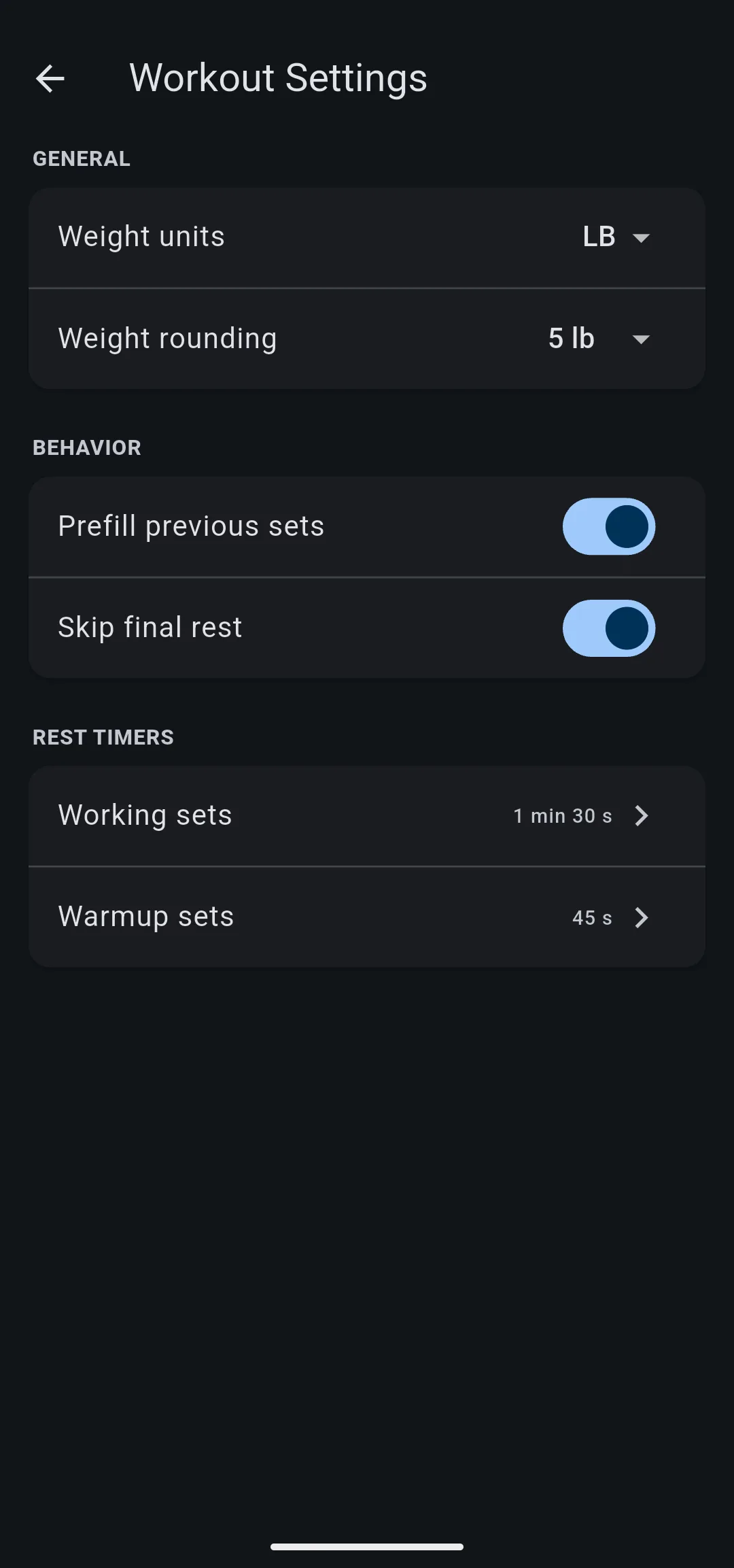 Workout Settings with Prefill previous sets and Skip final rest turned on, and Rest Timers set to 1 min 30 s for working sets and 45 s for warmup sets