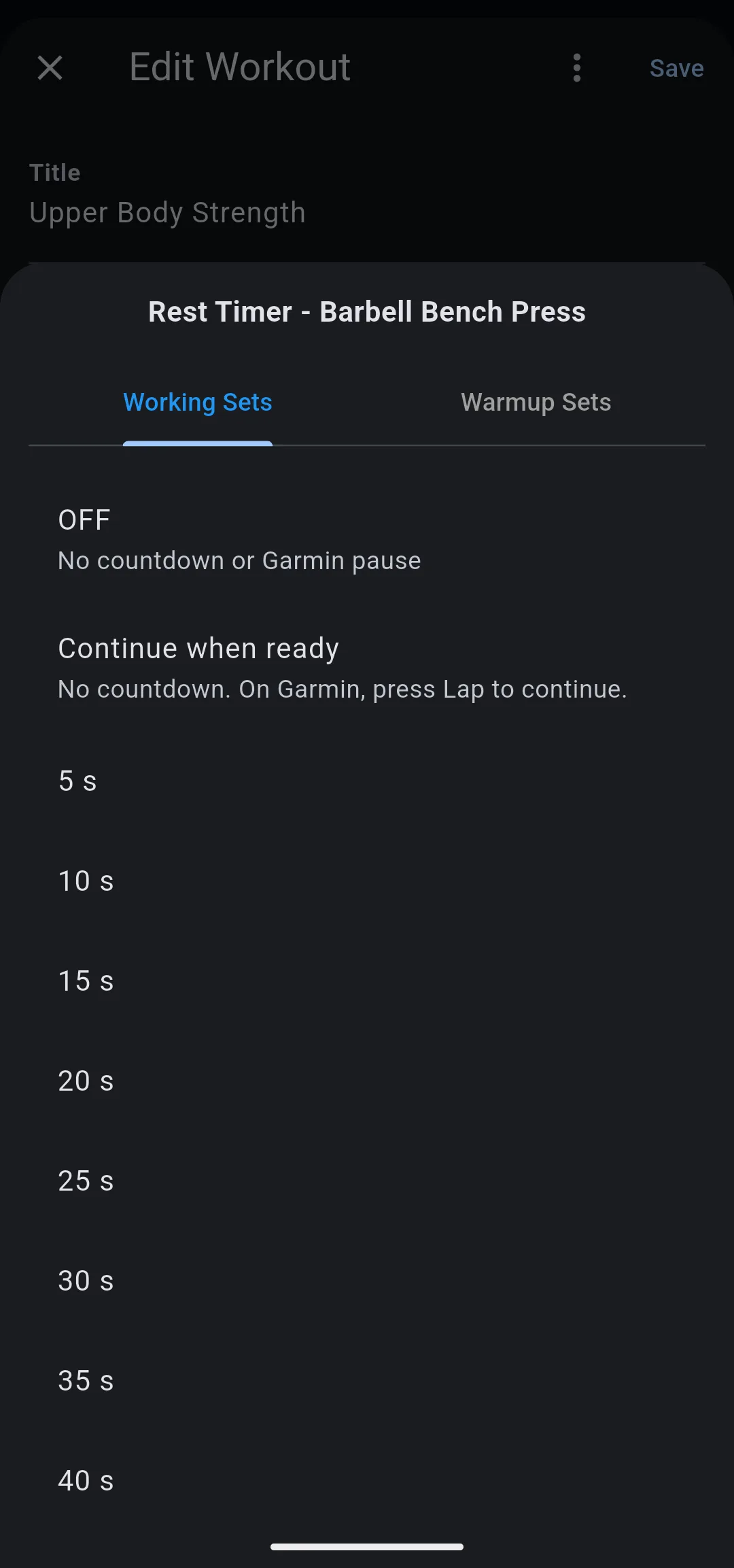 Rest Timer for Barbell Bench Press with Working Sets and Warmup Sets tabs, listing OFF, Continue when ready, and 5 s, 10 s, 15 s