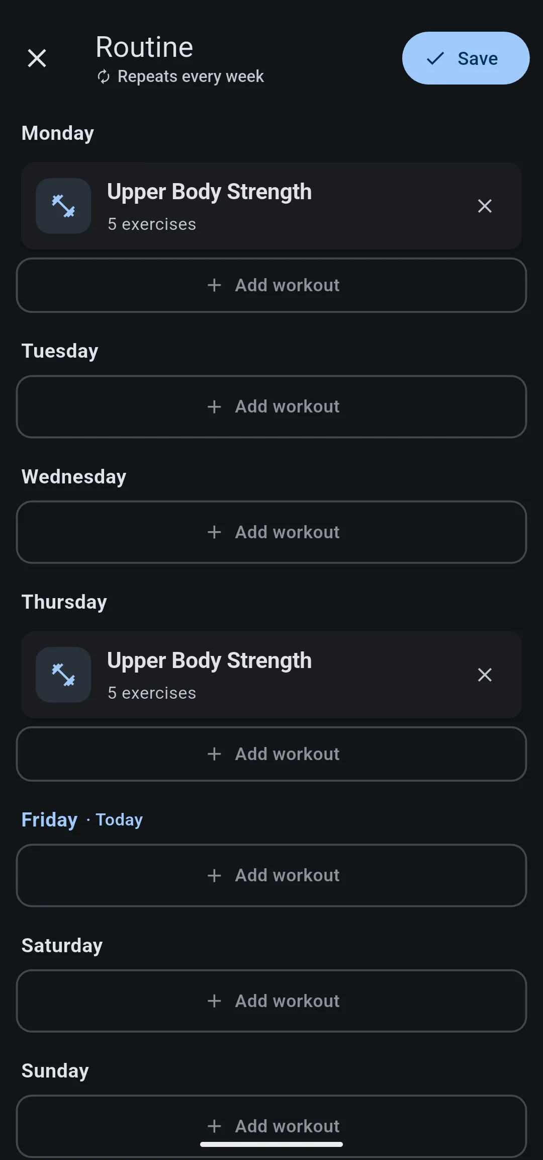 Routine screen reading Repeats every week, with Upper Body Strength on Monday and Thursday