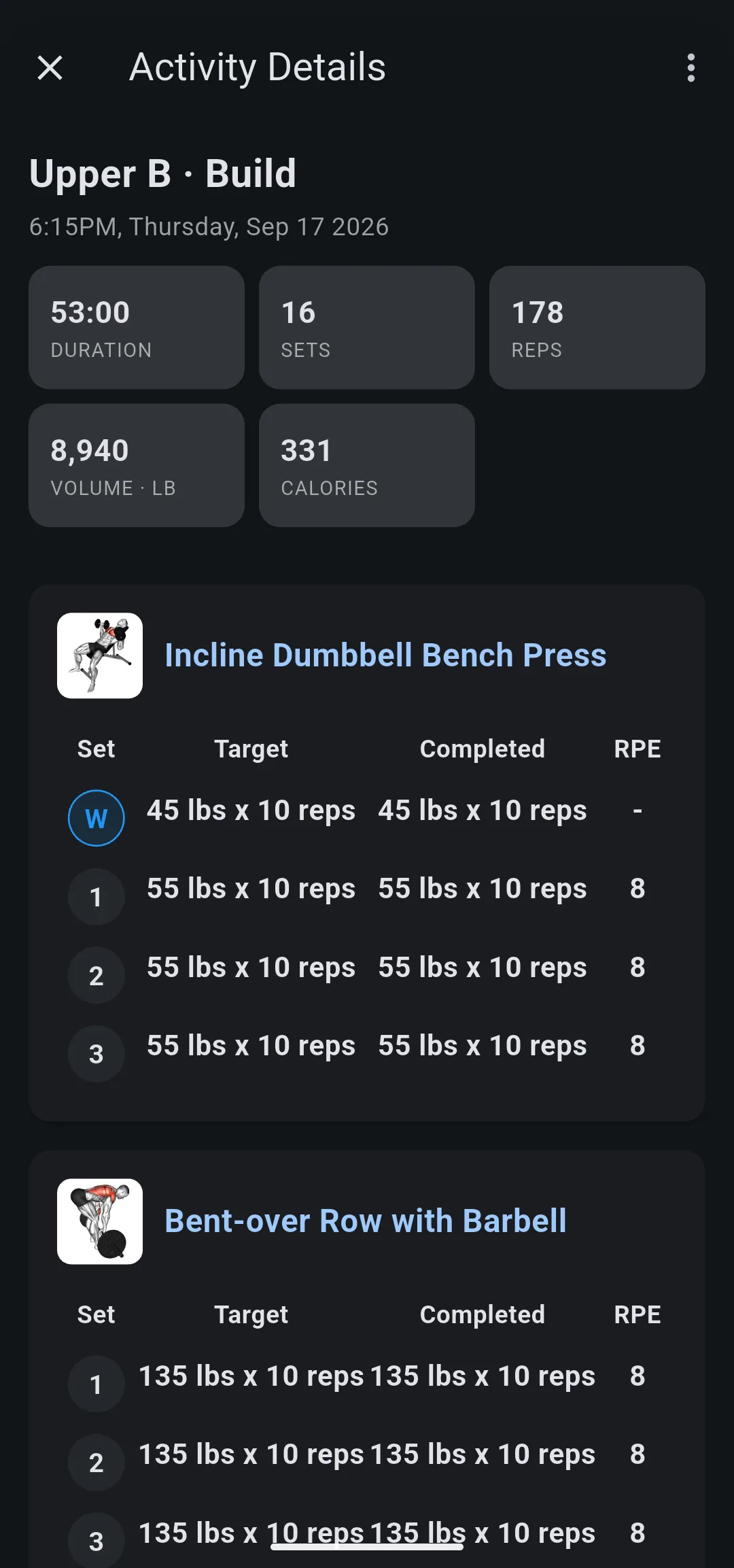 Activity Details for Upper B · Build with Incline Dumbbell Bench Press sets of 55 lbs x 10 reps at RPE 8