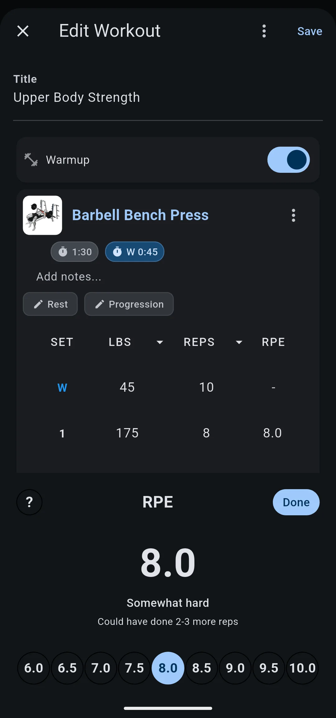 RPE picker in the workout editor with 8.0 chosen, reading Somewhat hard and Could have done 2-3 more reps, above buttons from 6.0 to 10.0