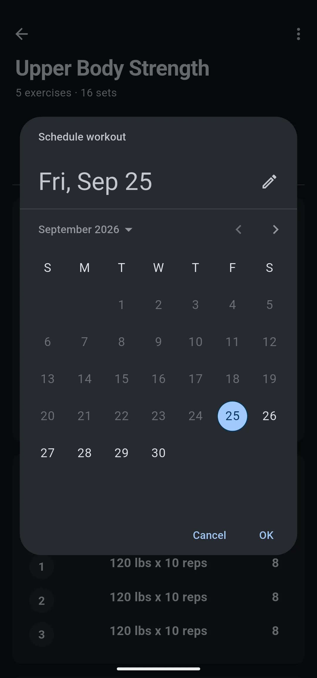 Schedule workout date picker with today selected