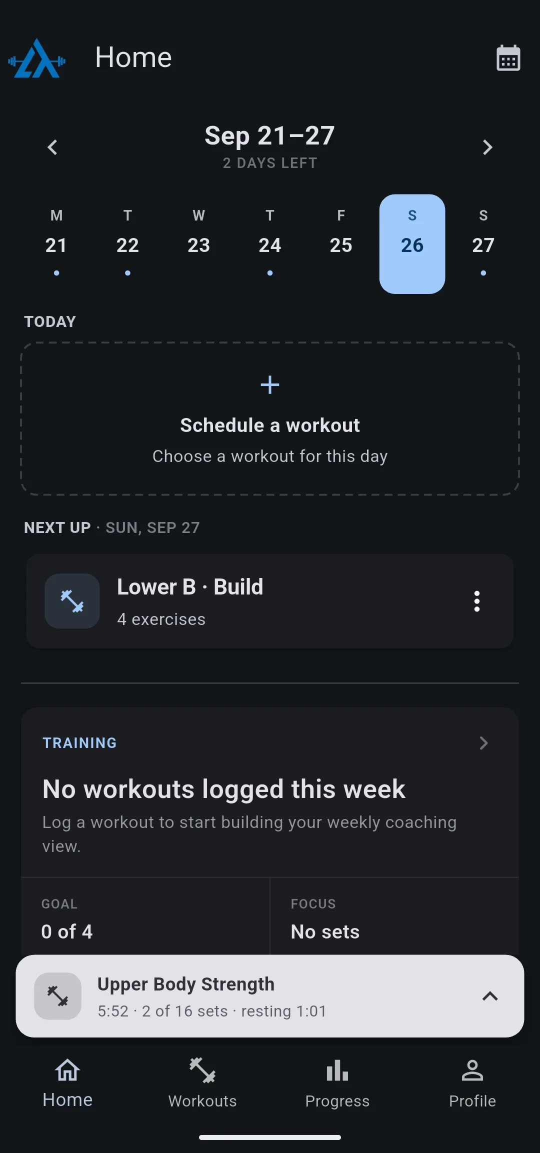 Home tab with a bar above the tabs reading Upper Body Strength, 5:52, 2 of 16 sets, resting 1:01