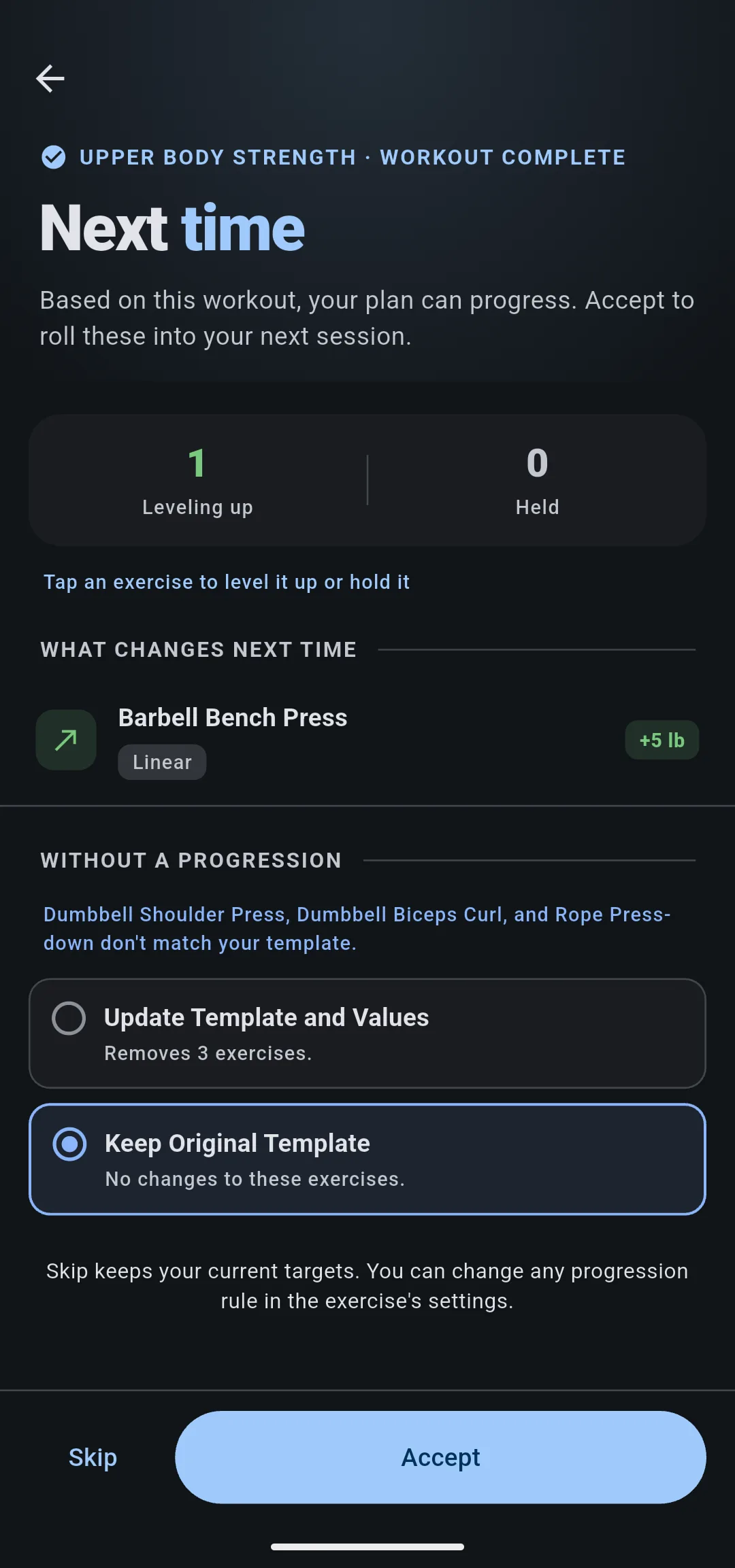 Next time for Upper Body Strength with 1 leveling up, Barbell Bench Press Linear +5 lb, and Update Template and Values or Keep Original Template for the exercises without a progression, above Skip and Accept