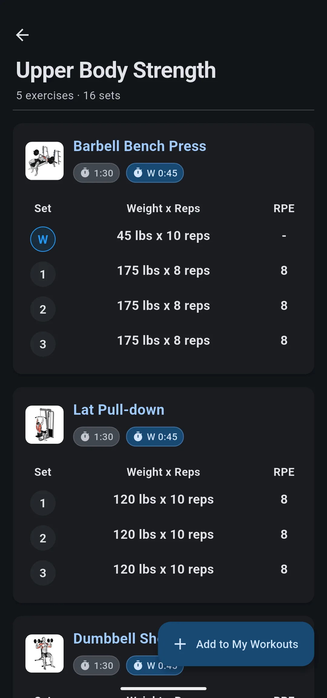 Shared workout Upper Body Strength showing its exercises and sets, with an Add to My Workouts button