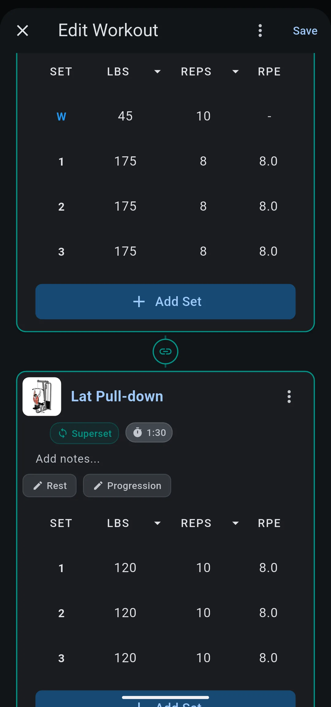 Edit Workout screen with Barbell Bench Press and Lat Pull-down in matching borders, joined by a link icon, each labeled Superset