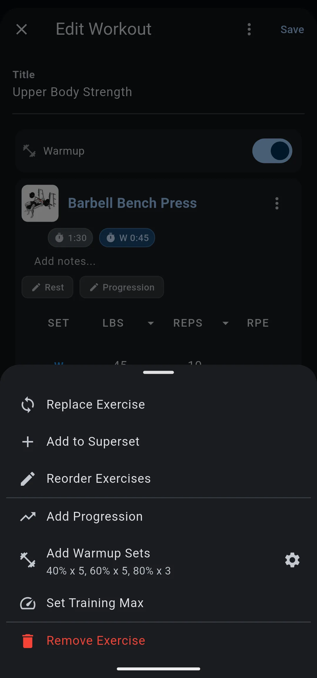 Options sheet for Barbell Bench Press listing Replace Exercise, Add to Superset, Reorder Exercises and Remove Exercise