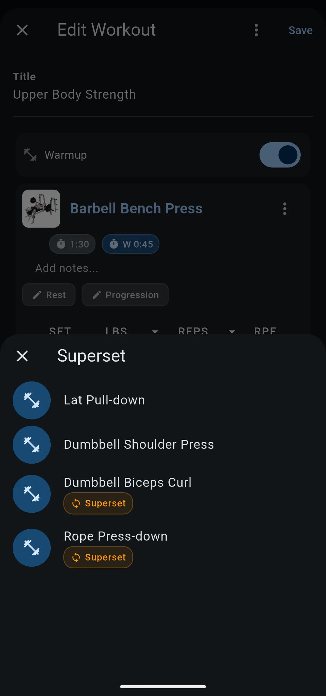 Superset list with Lat Pull-down, Dumbbell Shoulder Press, and Dumbbell Biceps Curl and Rope Press-down labeled Superset