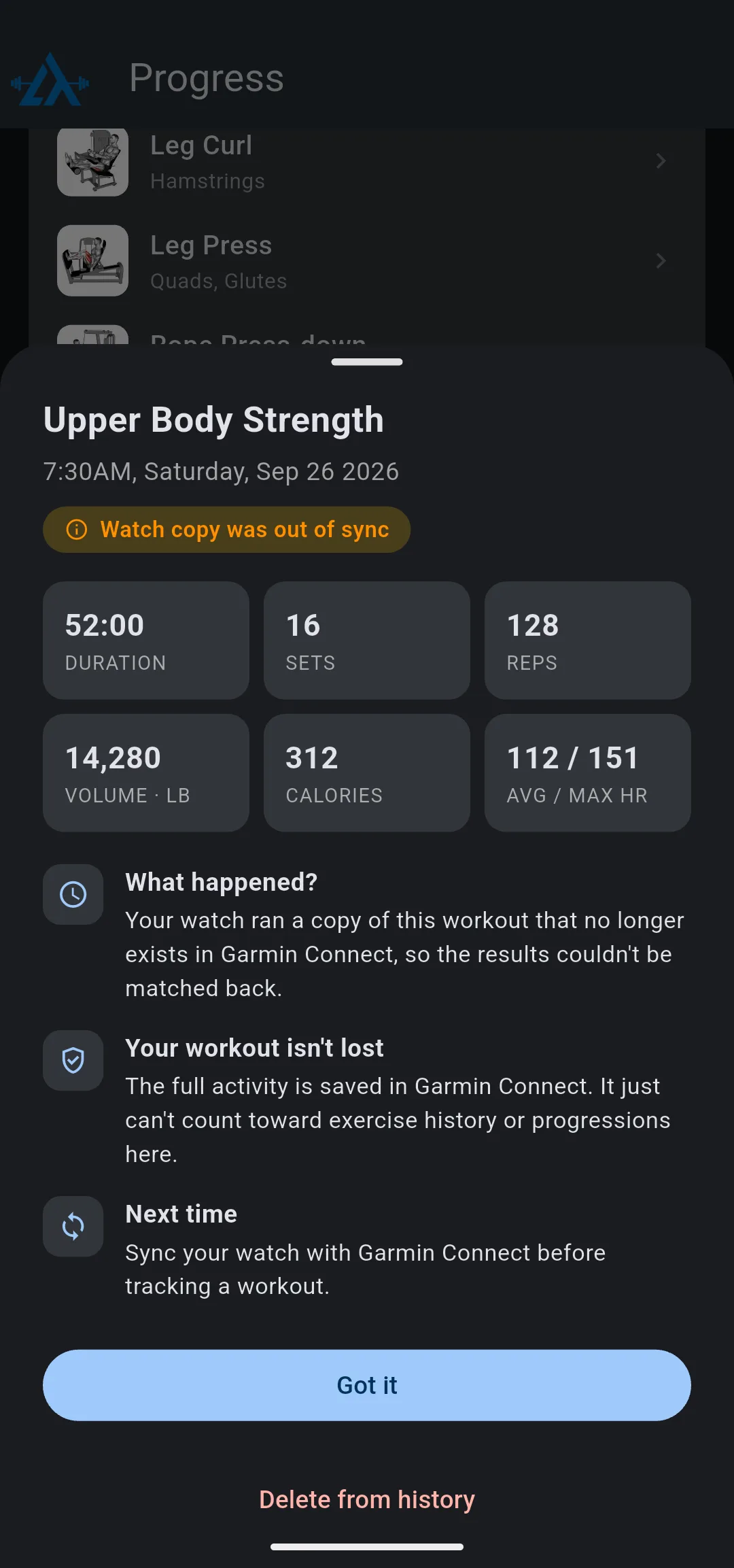 Upper Body Strength sheet marked Watch copy was out of sync, with duration, sets, reps, volume, calories and heart rate, What happened, Your workout isn't lost, Next time, Got it and Delete from history
