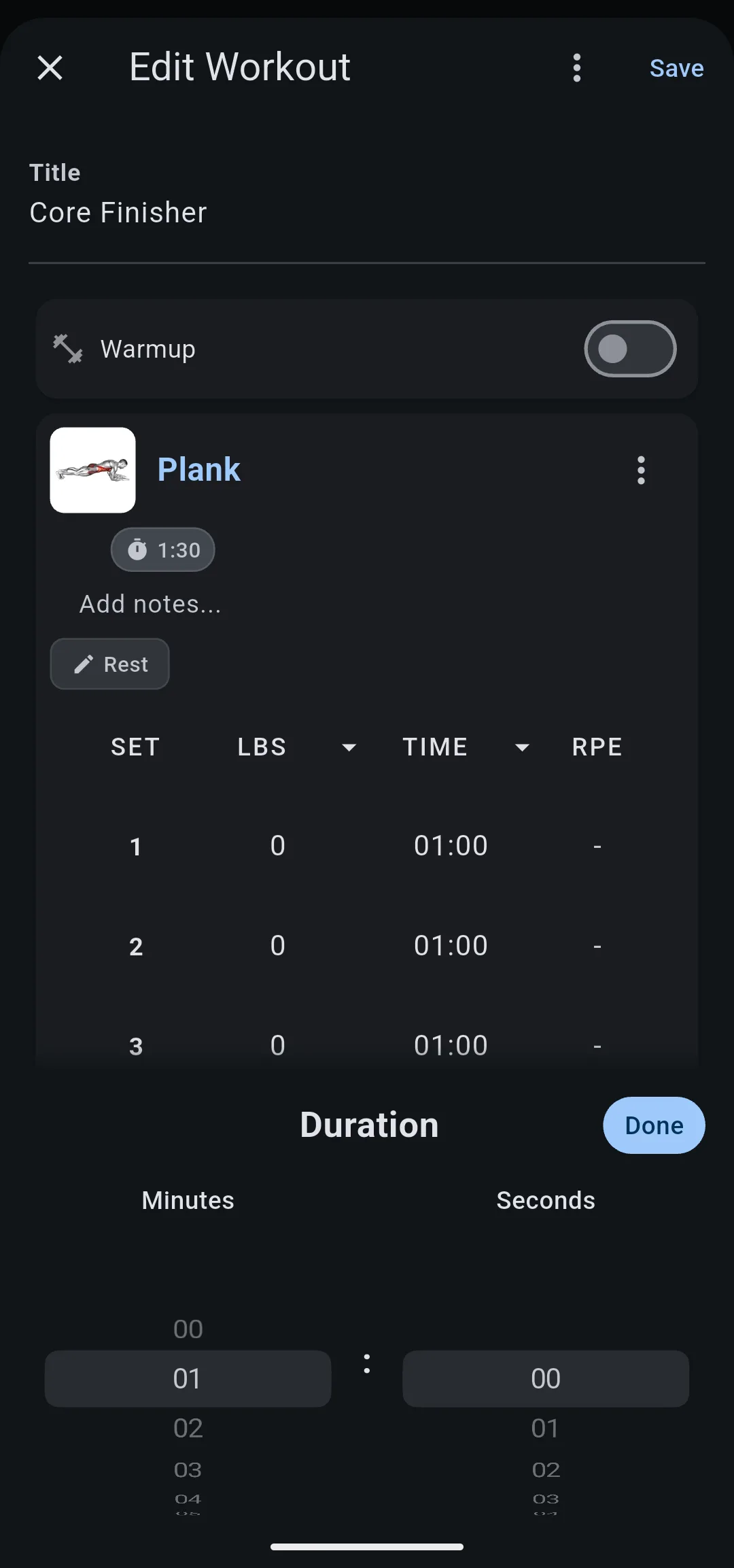 Edit Workout for Core Finisher with Plank showing Set, LBS, Time and RPE columns, three sets of 01:00 and the Duration picker at 01:00