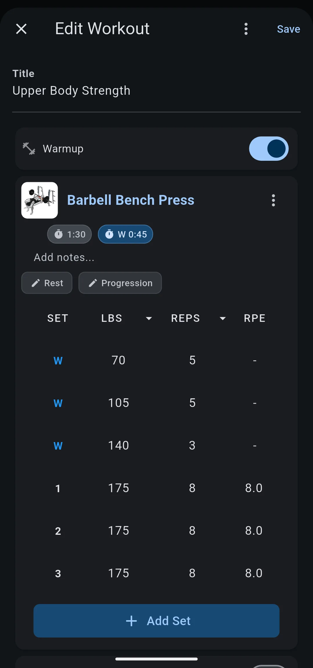 Barbell Bench Press card on the Edit Workout screen with warmup sets W 70 × 5, W 105 × 5 and W 140 × 3 above three working sets of 175 × 8