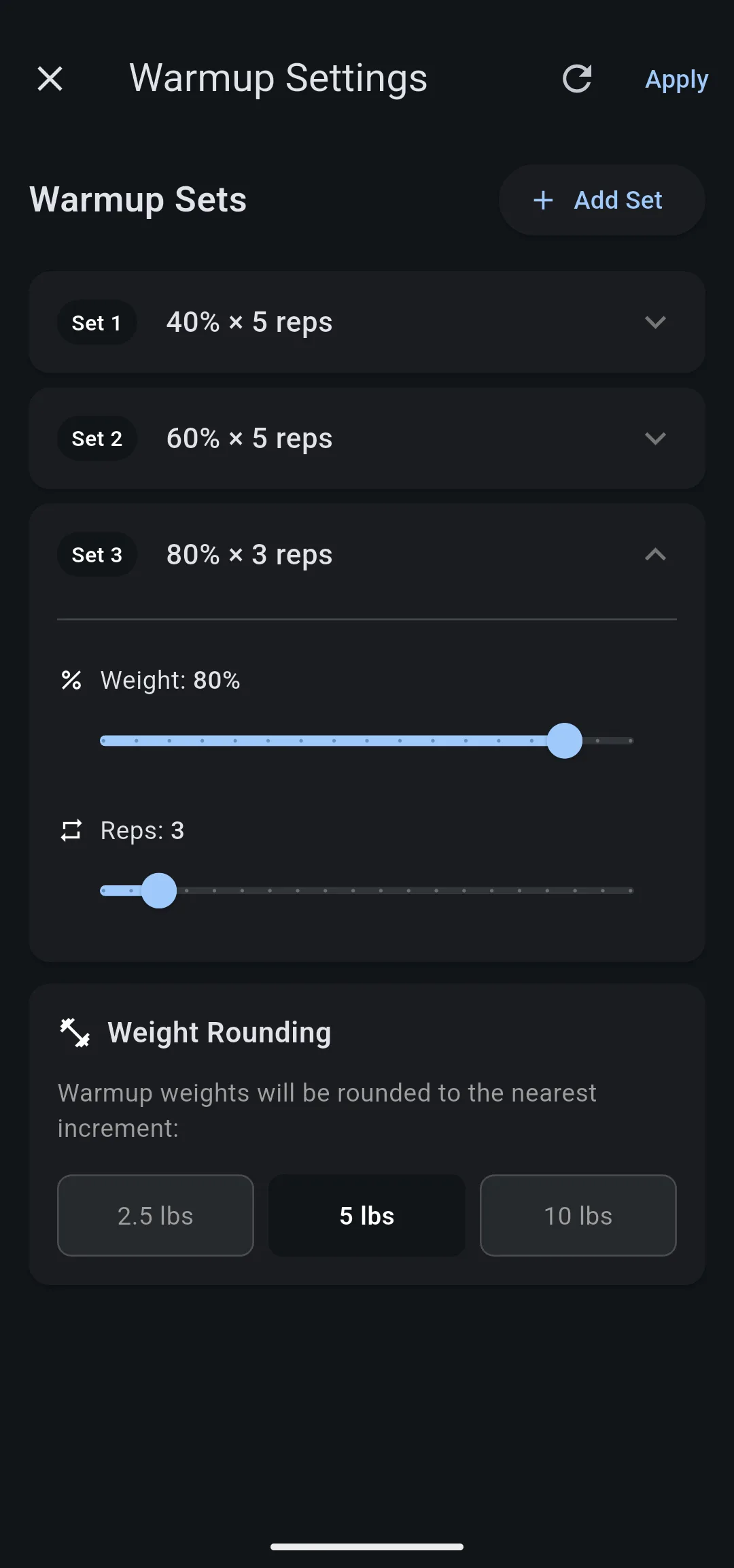 Warmup Settings listing 40% × 5 reps, 60% × 5 reps and 80% × 3 reps, with Weight and Reps sliders open on Set 3 and Weight Rounding set to 5 lbs