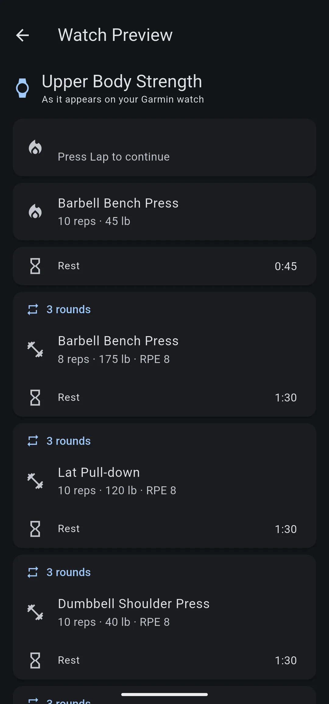 Watch Preview for Upper Body Strength listing each exercise, rest and round