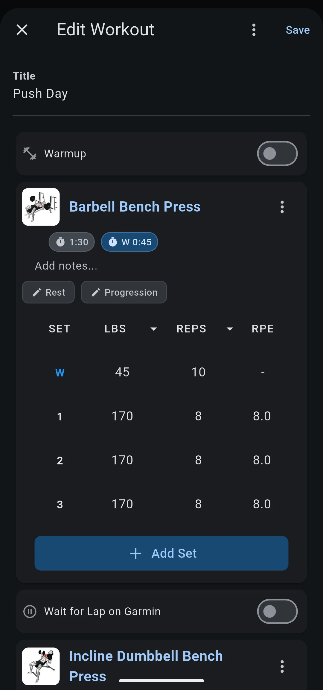 Barbell Bench Press card with Rest and Progression, a warmup set and 3 sets of 170 lb for 8 reps, and Add Set