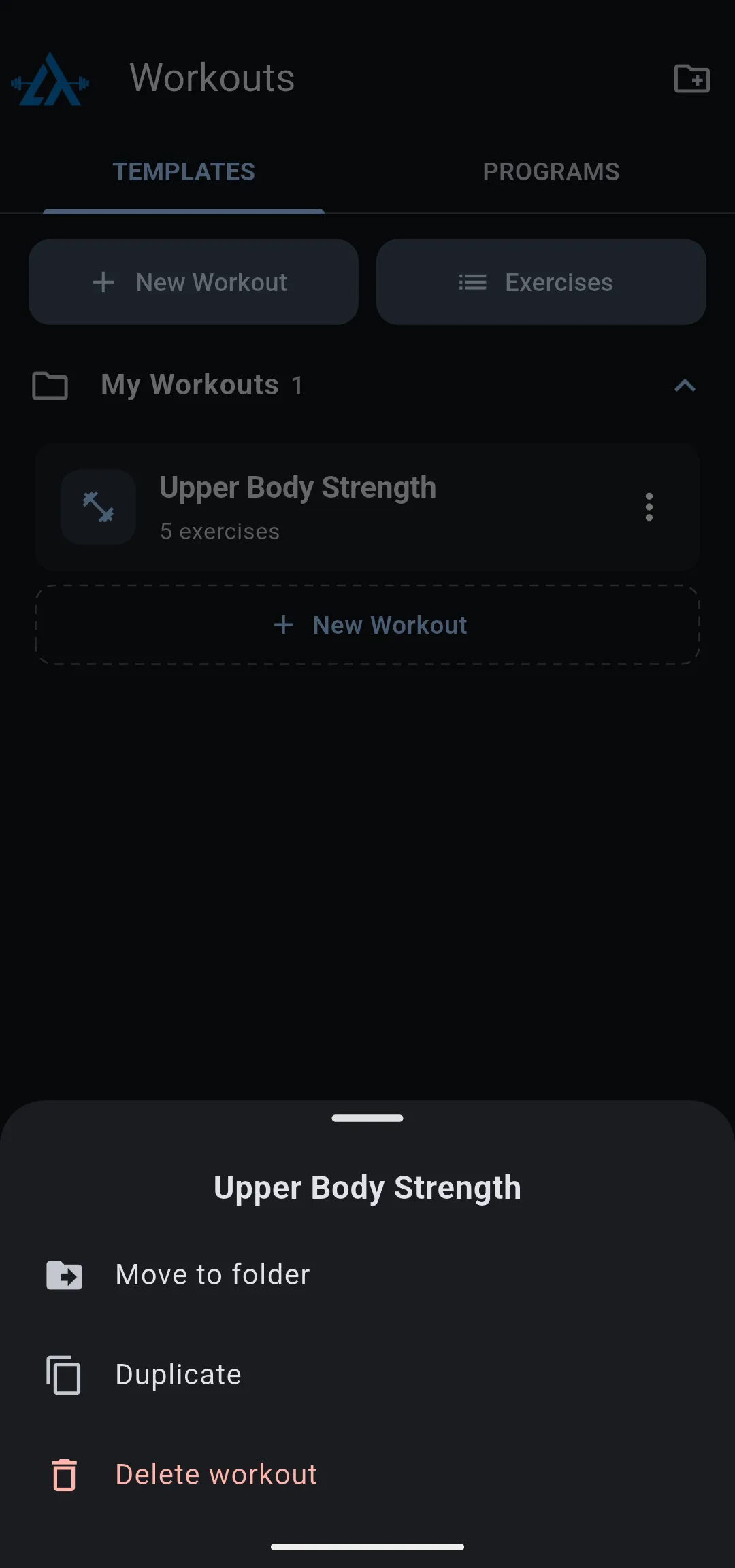 Options sheet for Upper Body Strength on the Workouts tab, with Move to folder, Duplicate and Delete workout