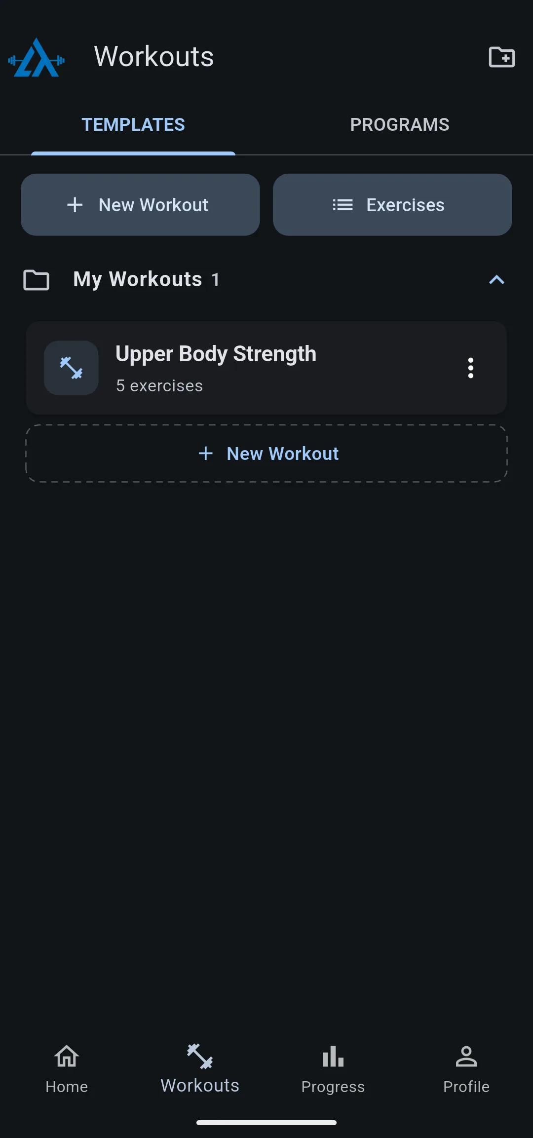 Workouts tab with New Workout and Exercises buttons above the My Workouts folder